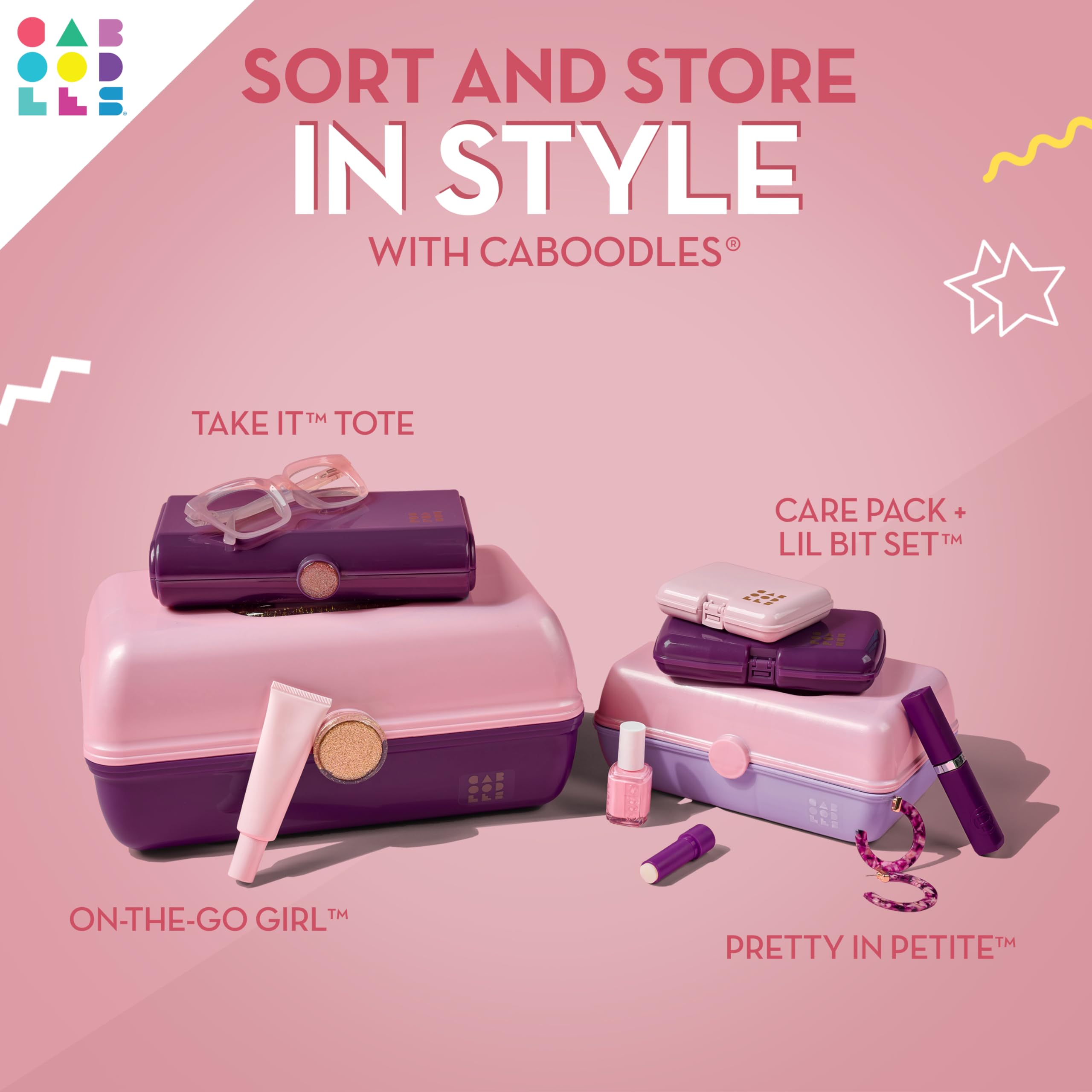 Caboodles Pretty in Petite Makeup Organizer Box - Two-Tone Pink & Lavender Hard Plastic Cosmetic Case with 2 Swivel Trays, Fashion Mirror & Secure Travel Latch | Perfect for Travel, Home Vanity & On-the-Go Makeup Storage