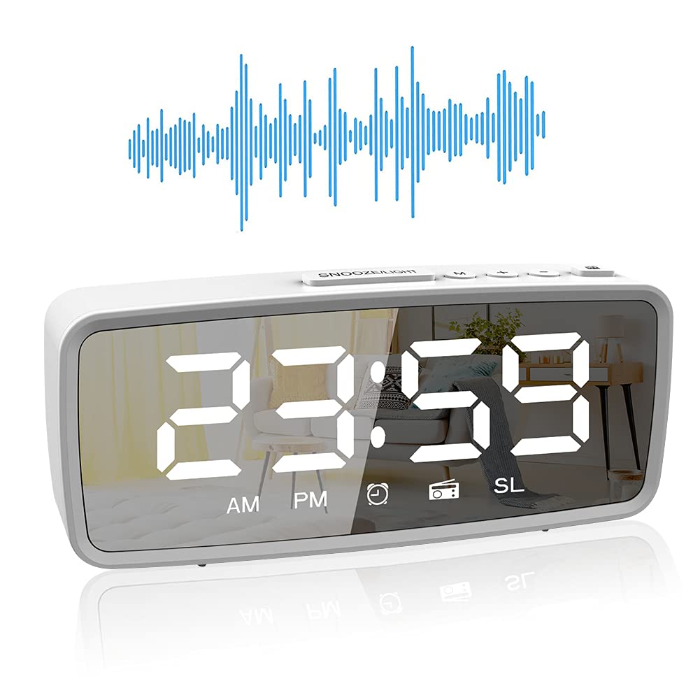 Lybile Mirror Alarm Clock with FM Radio - Dual Alarms, Snooze Function, LED Display with 3 Brightness Levels & Adjustable Volume - USB/Battery Powered Digital Clock for Bedroom, Office, Nightstand, Dorm Room (Ideal for Sleep Tracking & Morning Wake-Up Routine)