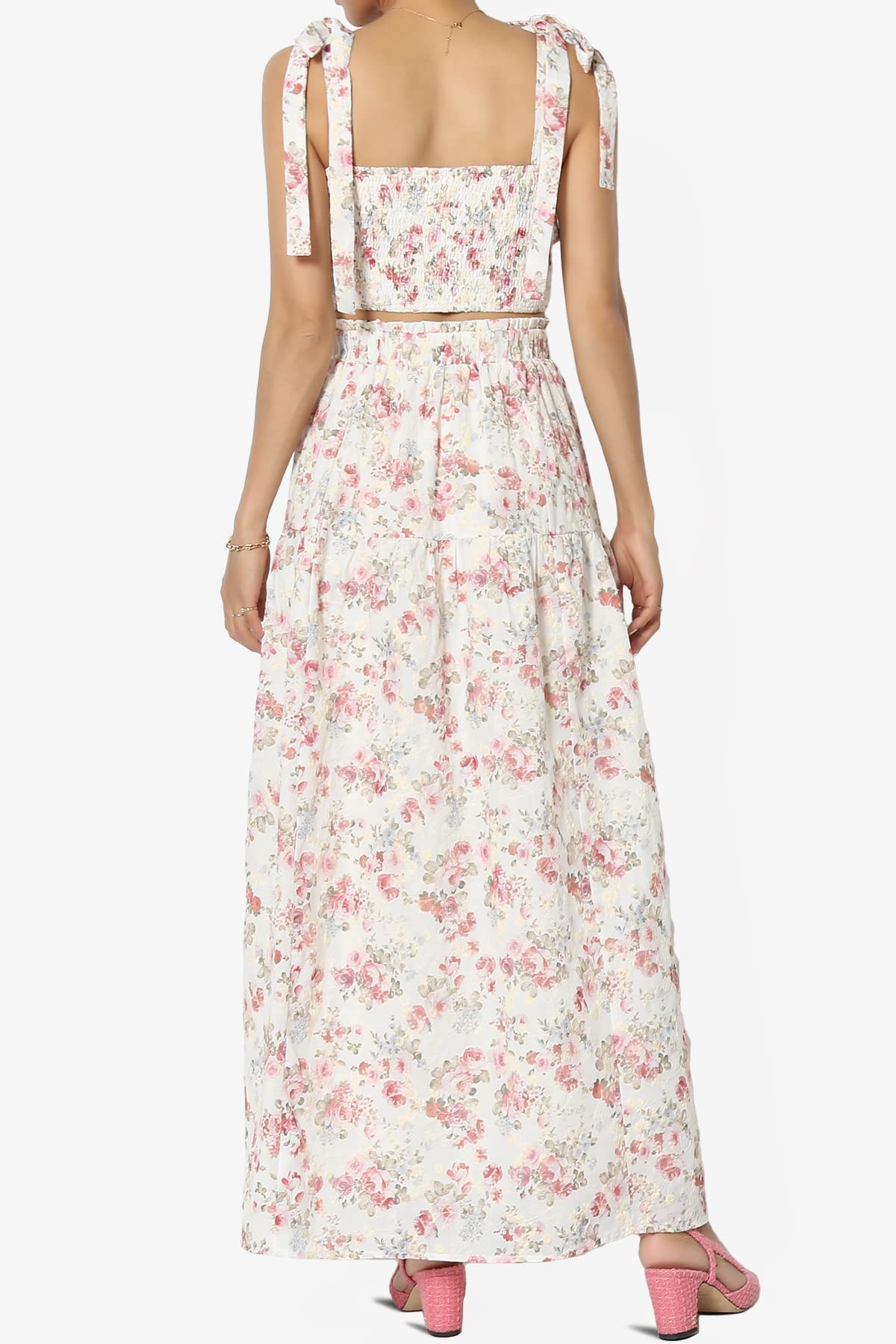 TheMogan Women's Embroidered Floral Tie Ruffle Crop Top & A-Line Skirt Set 2-Piece Outfit for Summer Beach Vacation, Party, Date Night and Casual Wear