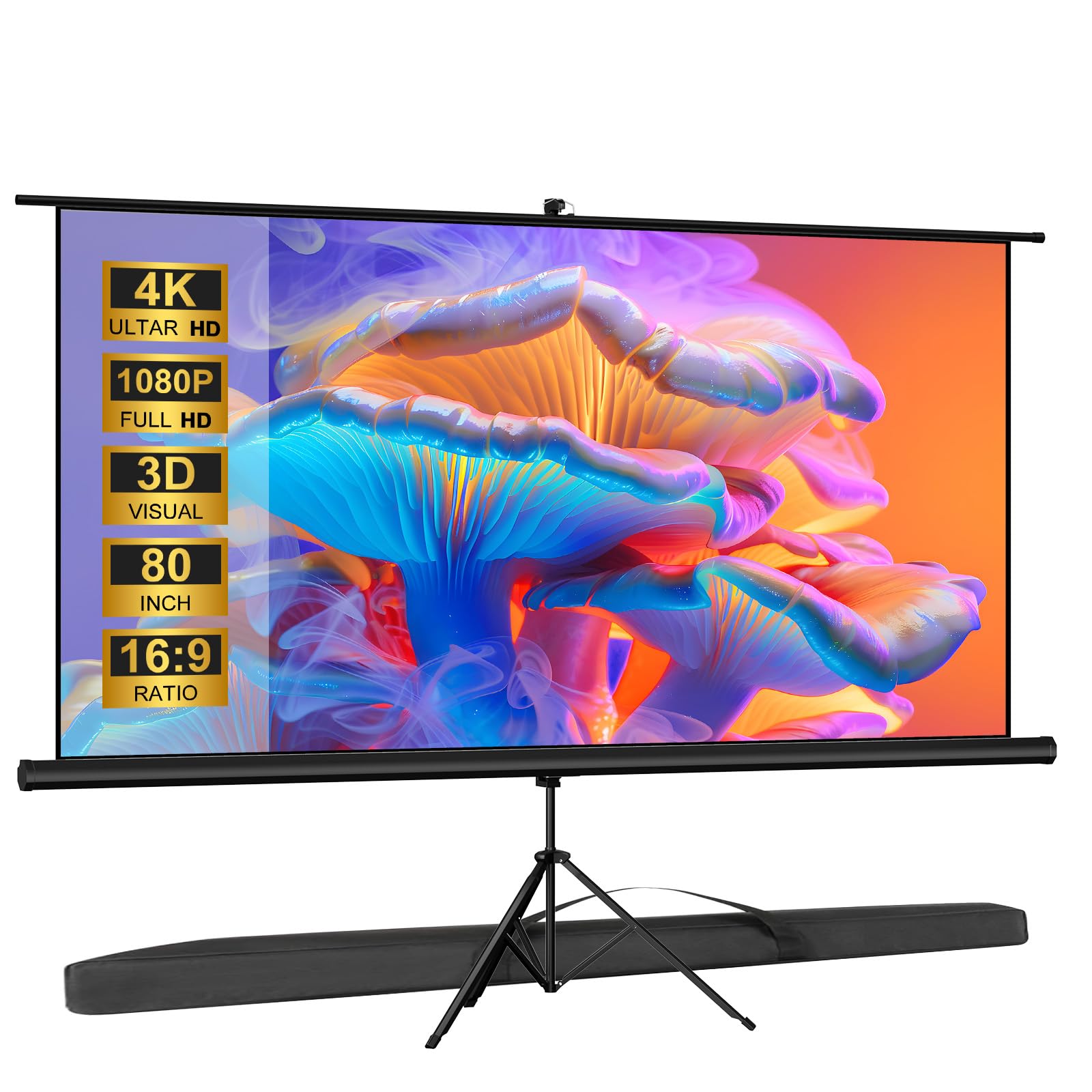 80 Inch Portable Projector Screen with Stand Tripod - Indoor/Outdoor Pull Up Projection Screen 16:9 Adjustable for Home Theater, Backyard Movie Nights, Camping & Parties (Includes Carry Bag)