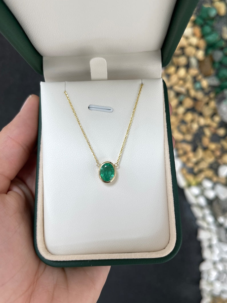 1.80ct 14K Gold Oval Cut Emerald Pendant Necklace - Vivid Medium Green Vertically Set Stationary Jewelry for Women, Perfect for Weddings, Anniversaries & Special Occasions