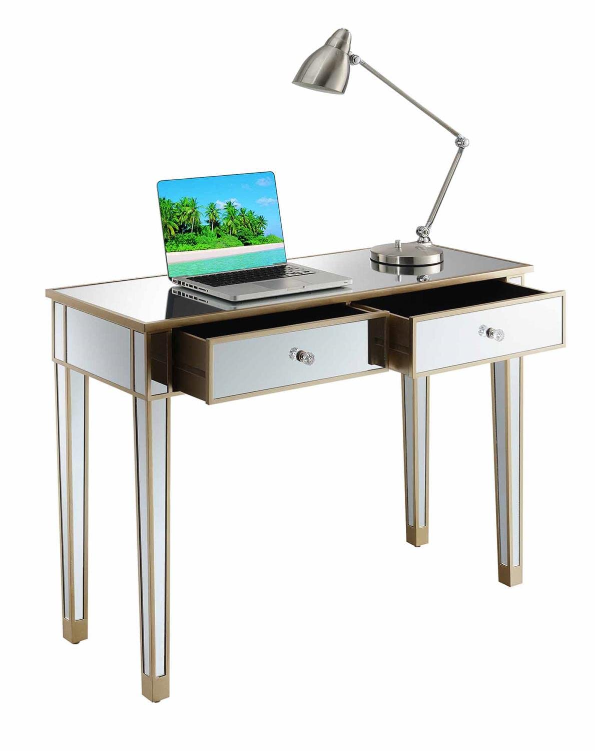 Convenience Concepts Gold Coast Desk - Champagne Finish with Mirror Top | Stylish Home Office & Study Desk for Small Spaces