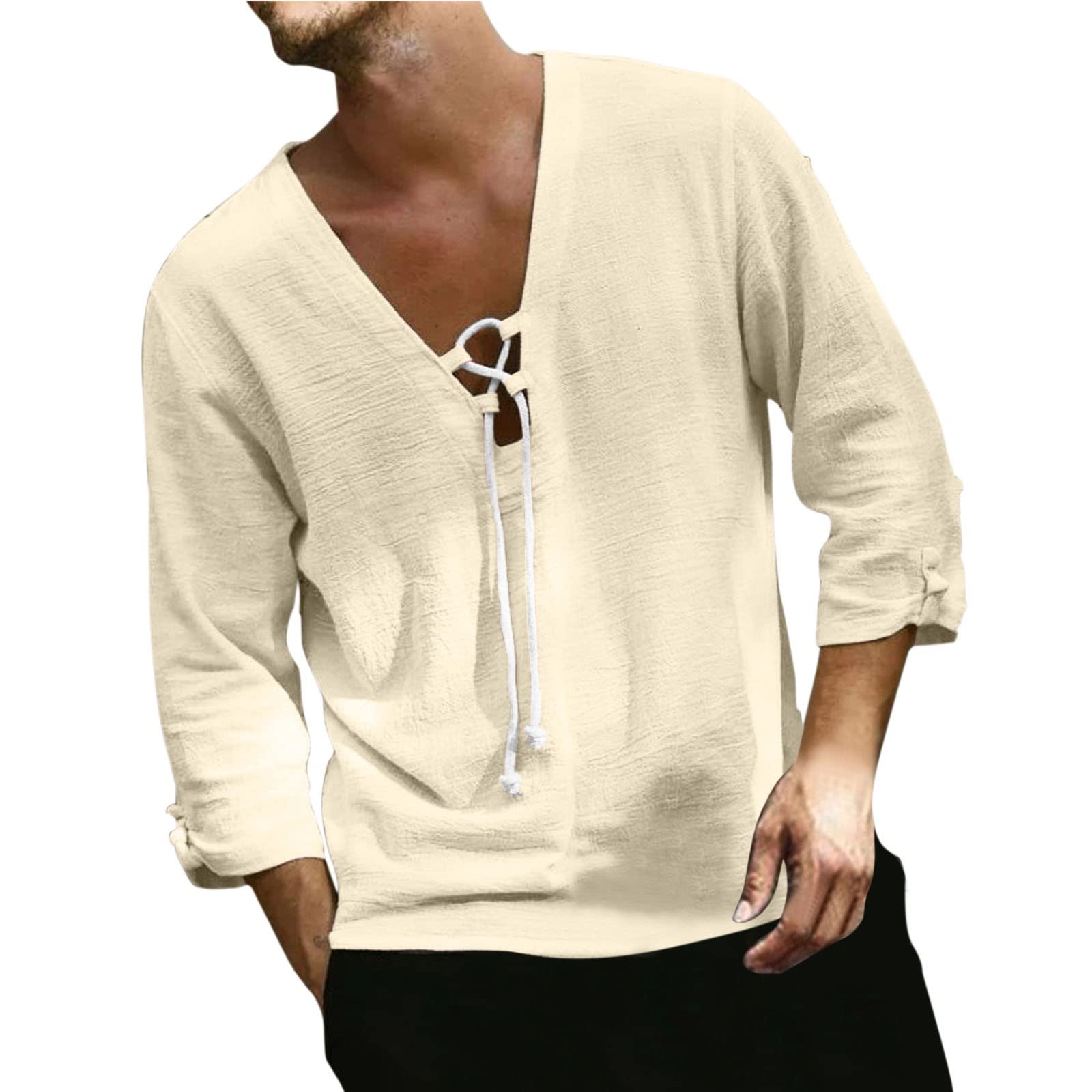 Men's Graphic T-Shirts - Summer Casual Beach Style Loose V-Neck Drawstring 3/4 Sleeve Pullover Top | Perfect for Beach Outings, Vacations & Summer Streetwear