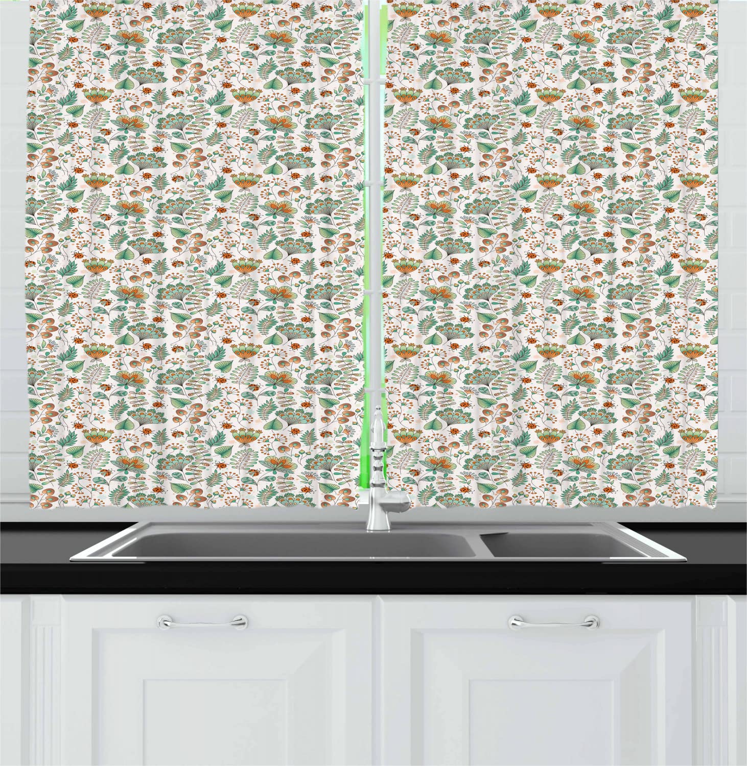 Ambesonne Floral Long Kitchen Curtains - Ladybug & Botanical Leaf Design with Geometric Patterns, 55