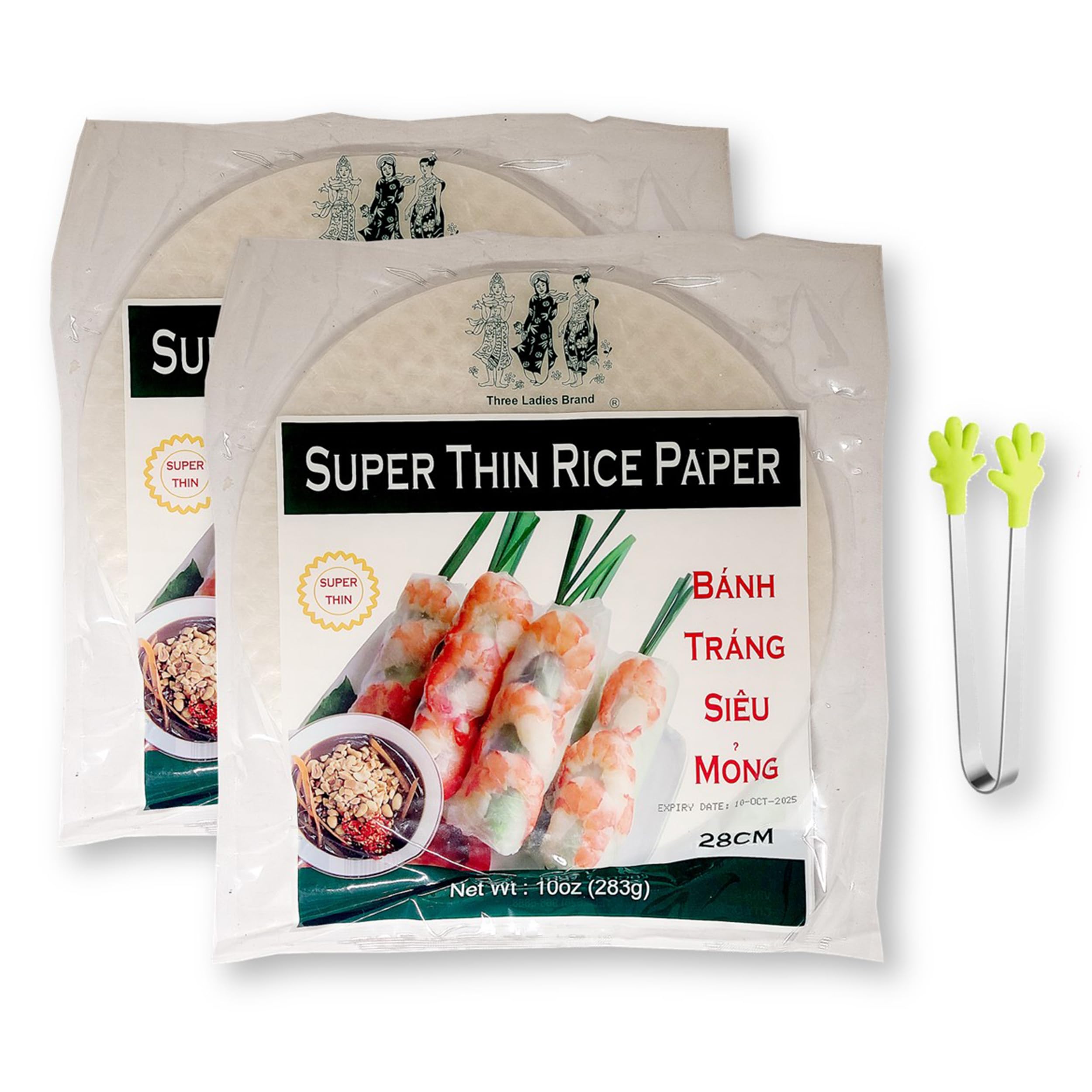 Premium Spring Roll Rice Paper Wrappers - Banh Trang (28cm Large Size, 10oz x 2) with Mini Silicone Tongs - 3-Piece Set for Vietnamese Fresh Rolls, Summer Rolls & Healthy Wraps - Perfect for Home Cooking, Meal Prep & Asian Cuisine