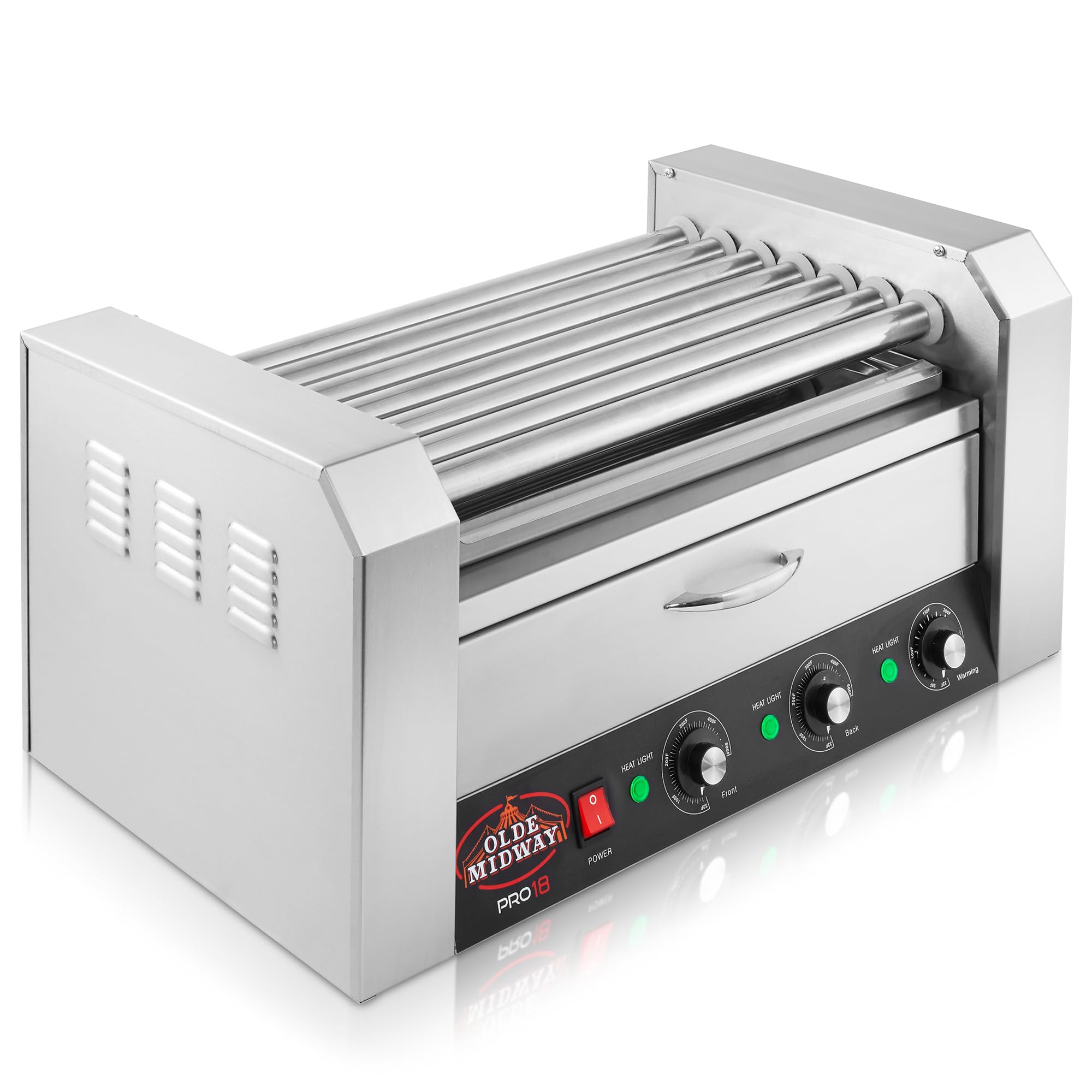 Olde Midway Electric 18 Hot Dog 7 Roller Grill Cooker Machine with Bun Warming Drawer - Commercial Grade Stainless Steel Hot Dog Warmer for Restaurants, Carnivals, and Food Trucks