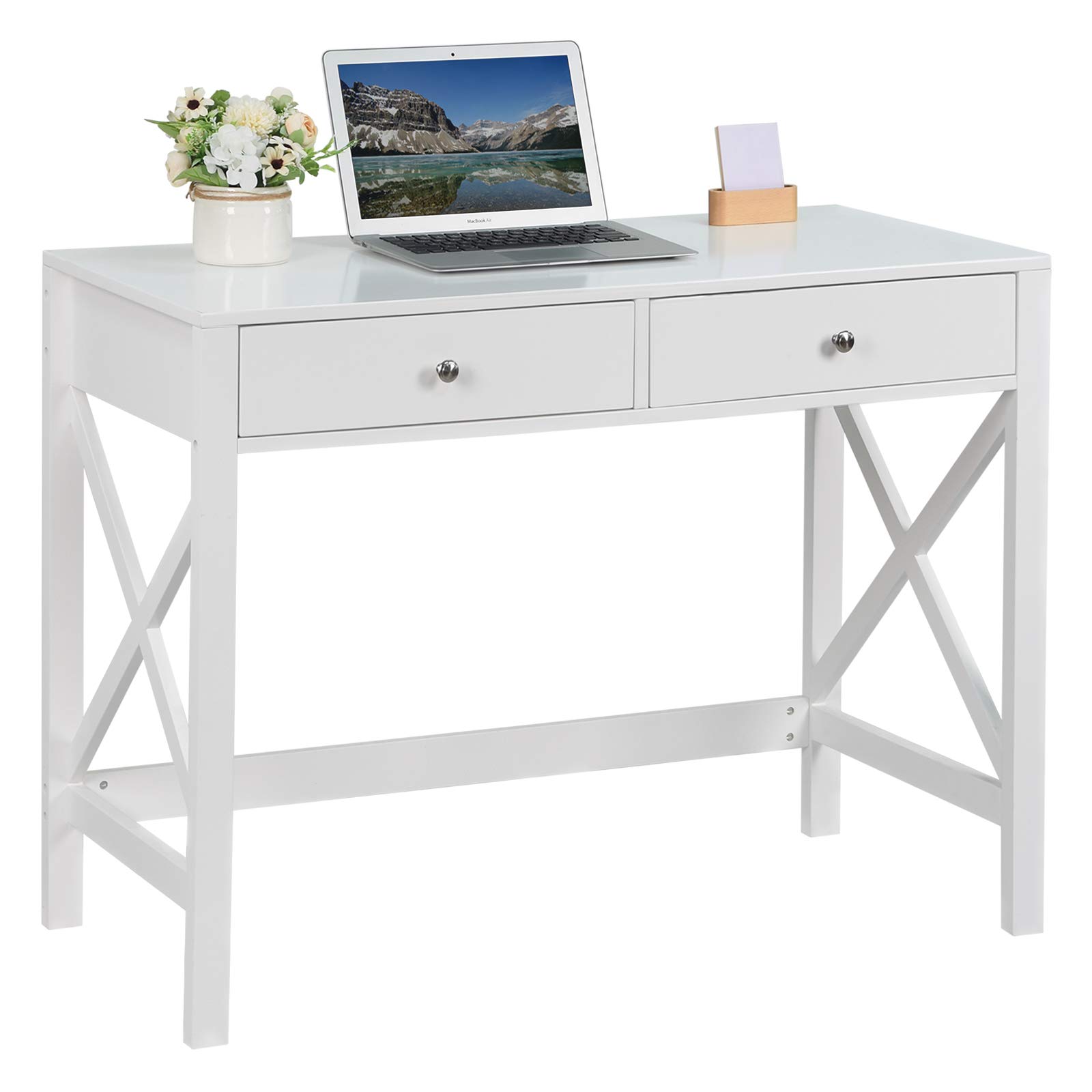 Modern White Writing Computer Desk with Drawers - Small Office Desk for Bedroom, Home Office & Study - Compact Vanity Table with Storage Space - Perfect for Work, Gaming & Makeup Station