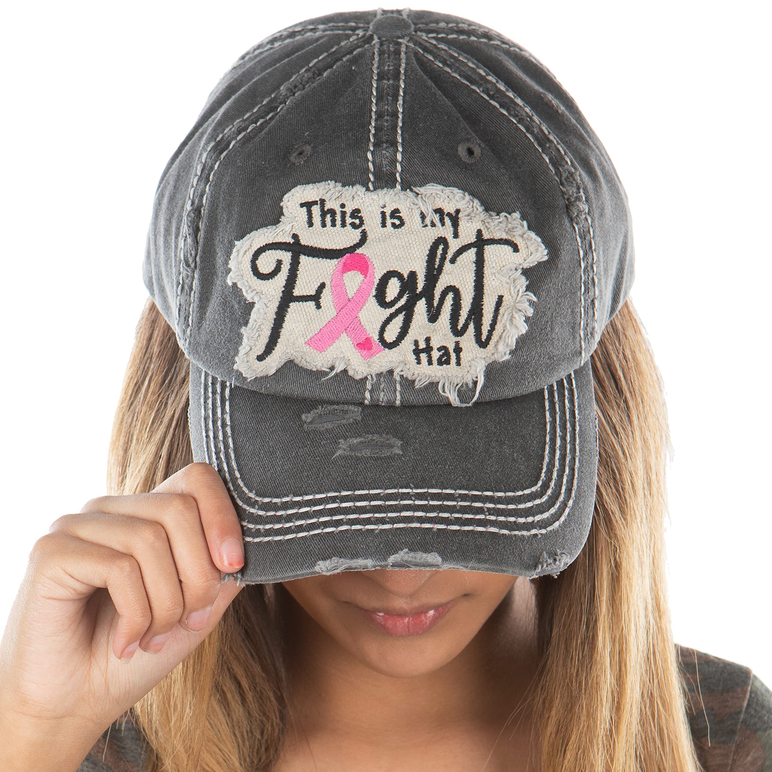 Funky Junque Women's Pink Ribbon Breast Cancer Awareness Baseball Cap - Stylish Hope Logo Shredded Hat for Support, Charity Events & Everyday Wear