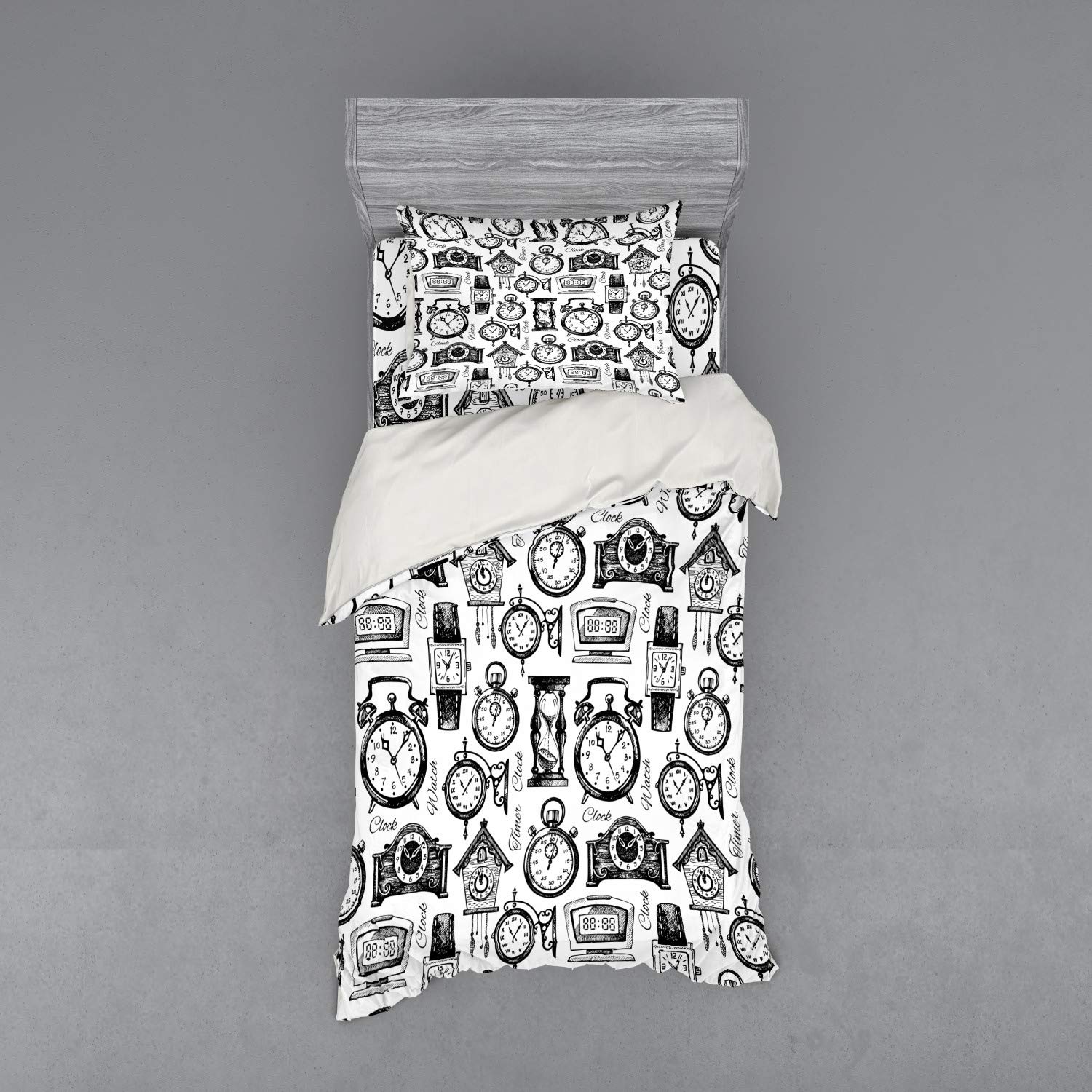 Ambesonne Vintage Monochrome Clock Bedding Set - Hand Drawn Watches Illustration, 3 Piece Duvet Cover with Sham & Fitted Sheet, Twin XL Size, Black & White - Perfect for Vintage Themed Bedrooms & Clock Lovers