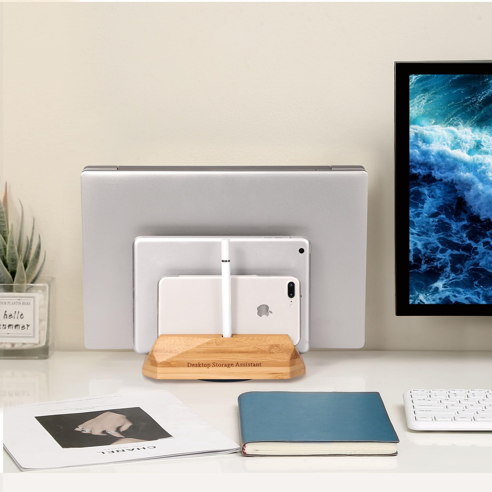 Vertical Wood Laptop Stand with 3 Slots - Walnut Laptop Holder for MacBook, Surface Pro, Samsung, HP, Dell, Chromebook - Perfect for Desk Organization and Space Saving