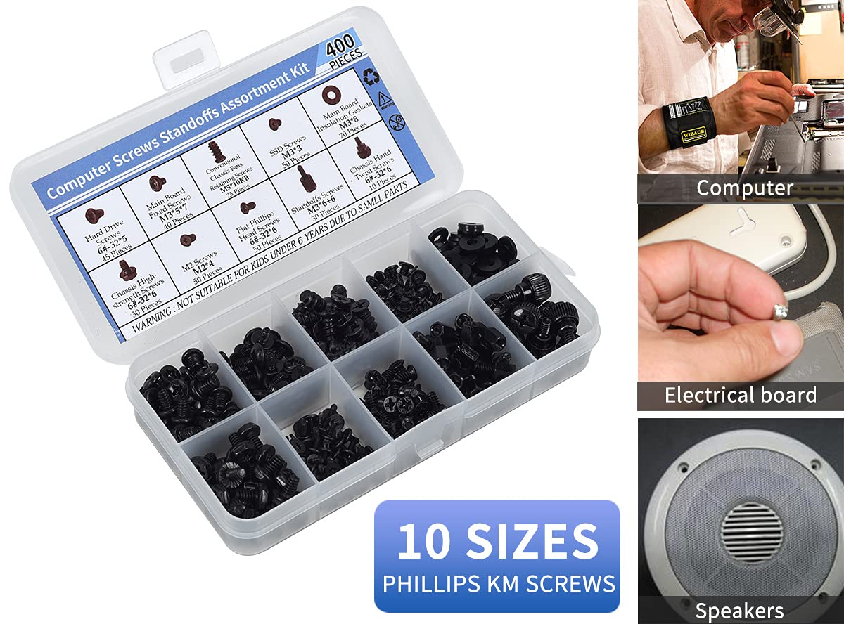 400PCS Computer Screws & Motherboard Standoffs Assortment Kit - Universal PC Hardware Repair Kit for Motherboard, HDD, SSD, Hard Drive, Fan, Power Supply, Graphics Card & PC Case - Perfect for DIY Computer Building, Upgrades & Repairs