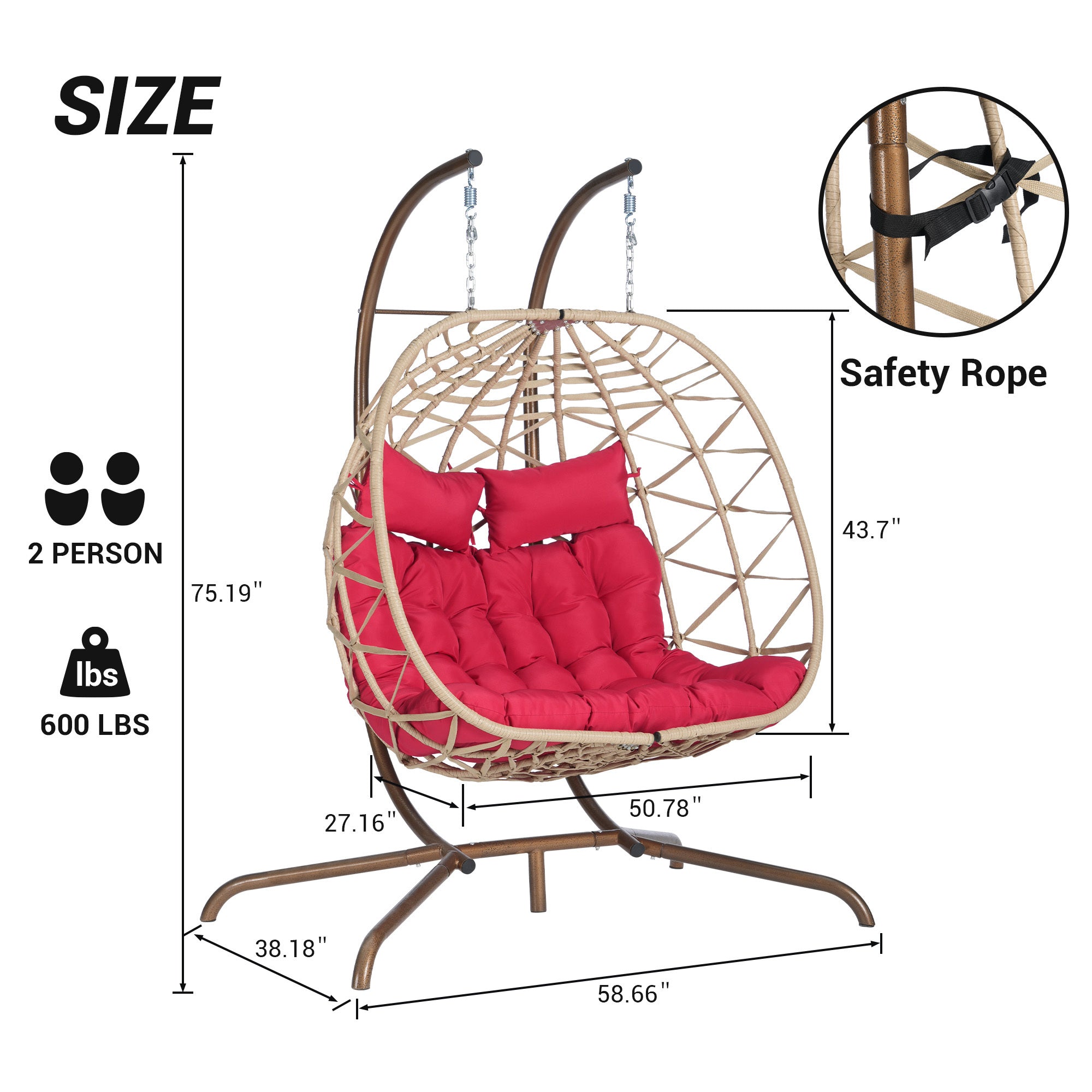 Double Egg Chair with Stand - Indoor/Outdoor Hanging Wicker Rattan Swing Chair with UV-Resistant Cushions (600 lbs Capacity) - Perfect for Bedroom, Balcony, Patio & Garden Relaxation