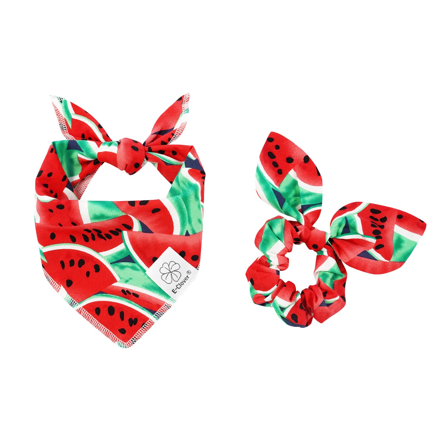 E-Clover Summer Dog Bandanas & Matching Scrunchie Set - Washable Dog Bandana Bibs & Kerchief Scarf for Small Dogs & Puppies - Watermelon Print - Perfect for Pet Outings, Photo Shoots & Matching with Owner