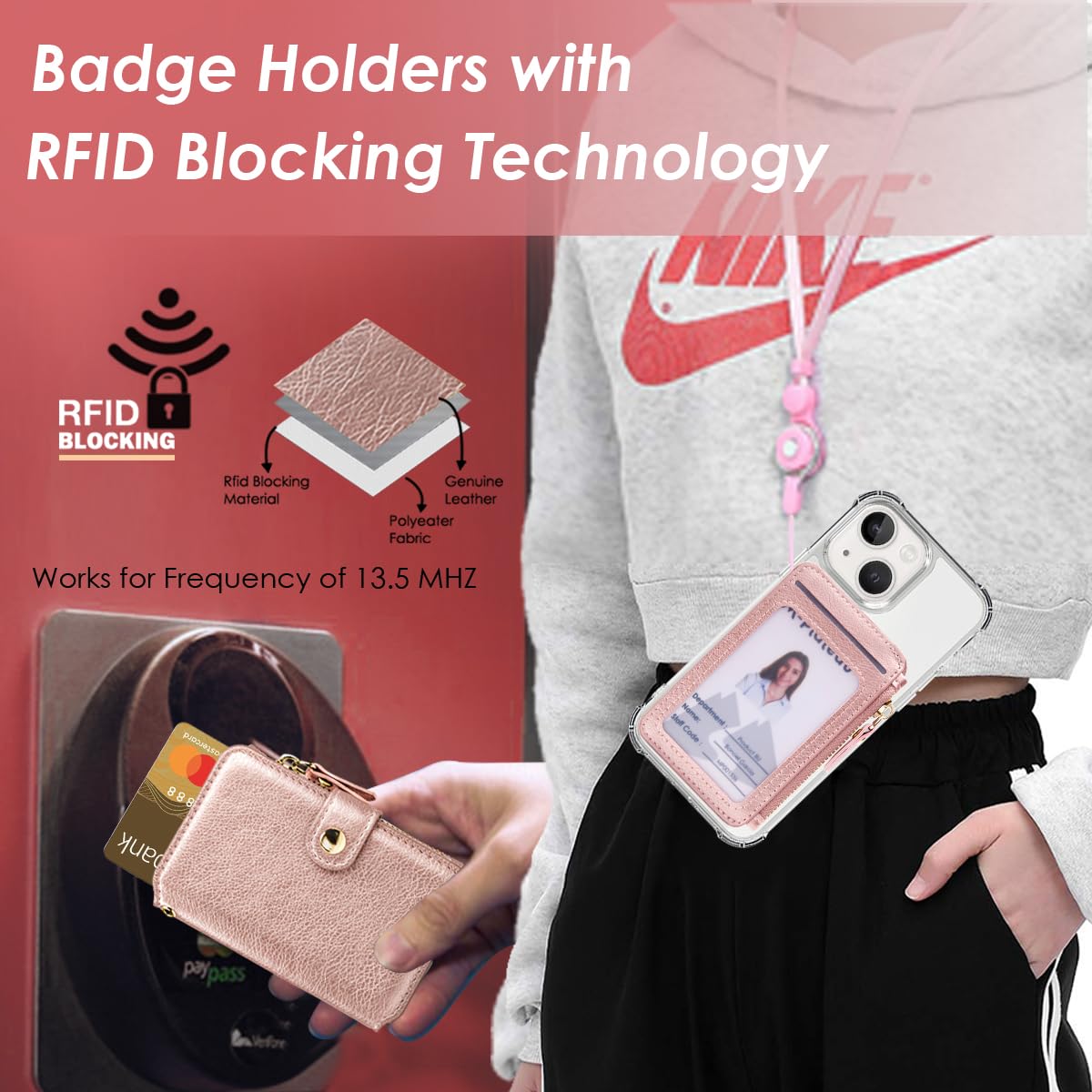 Premium Bifold Leather Wallet for Women with ID Window & Phone Holder - Durable RFID Blocking Card Case with Detachable Lanyard (Rose Pink) - Perfect for Everyday Use, Travel, and Hands-Free Convenience