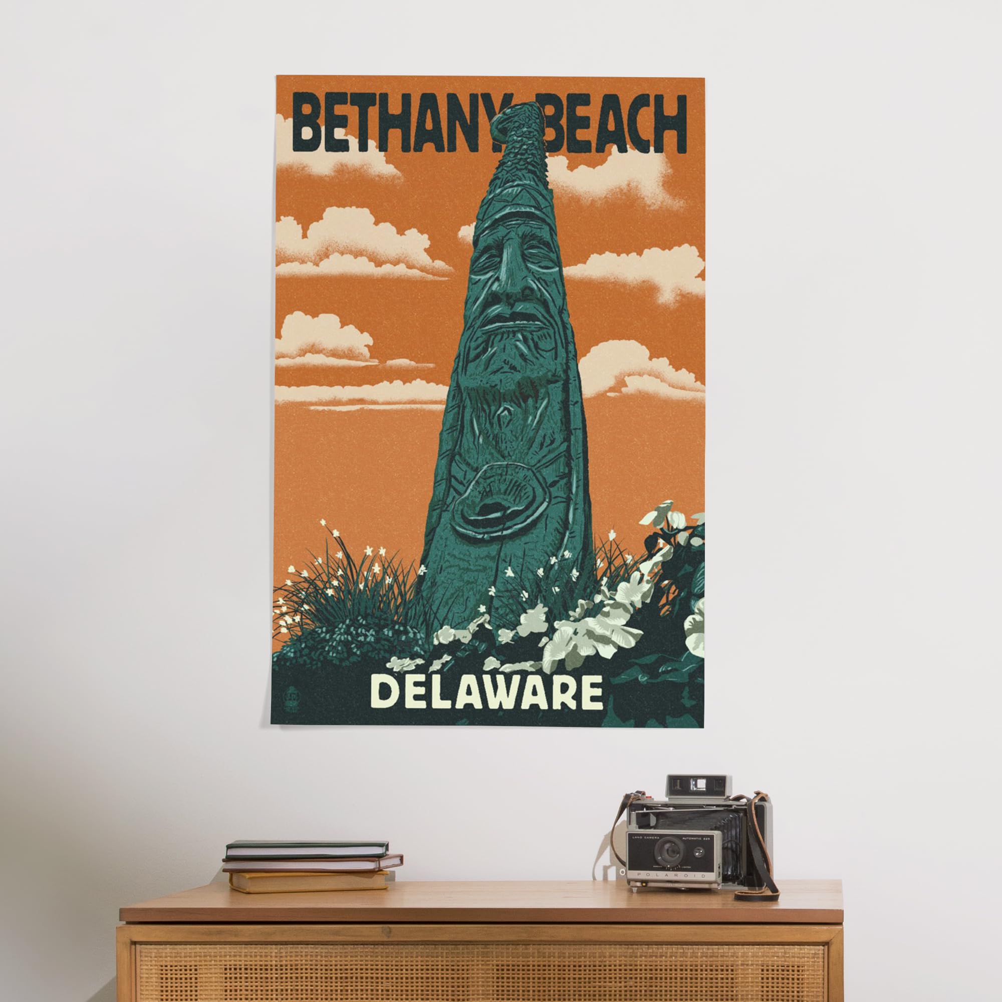 Lantern Press 24x36 Inch Giclee Art Print - Bethany Beach Delaware Totem Pole Letterpress Wall Decor | Coastal Home & Office Artwork for Living Room, Bedroom or Beach House