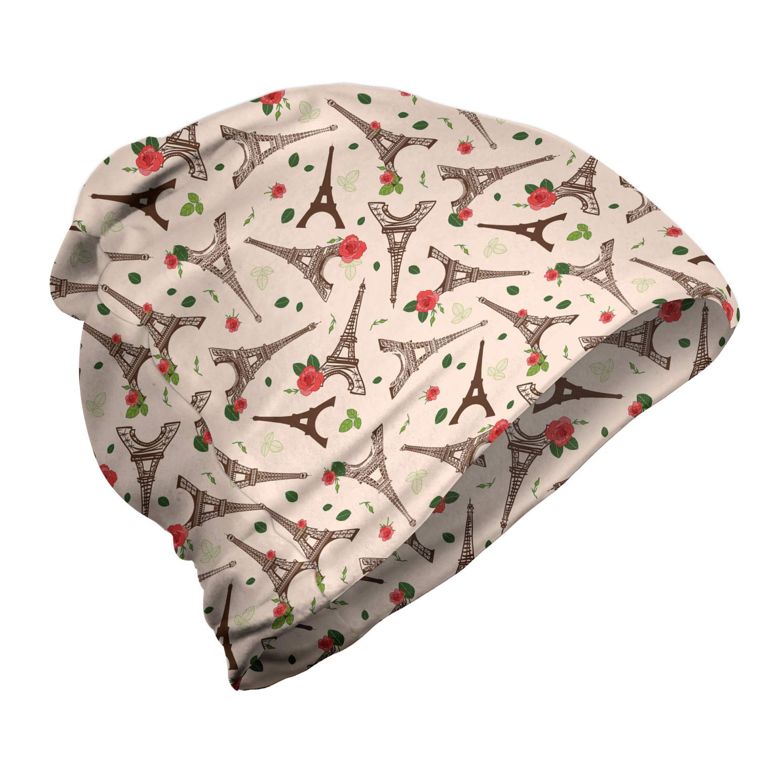 Ambesonne Unisex Beanie - Parisian Eiffel Tower with Roses & Leaves Design - Warm Knit Winter Hat for Men & Women - Perfect for Hiking, Outdoor Activities & Cold Weather Fashion