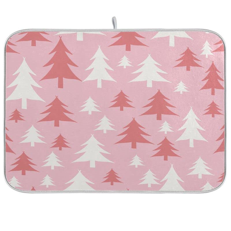 Pink & White Christmas Tree Dish Drying Mat 16x18 Inch - Fast Absorbent Heat Resistant Kitchen Counter Decor for Tableware, Dishes & Baby Bottles | Holiday Kitchen Accessories for Xmas Decor & Dish Drainer