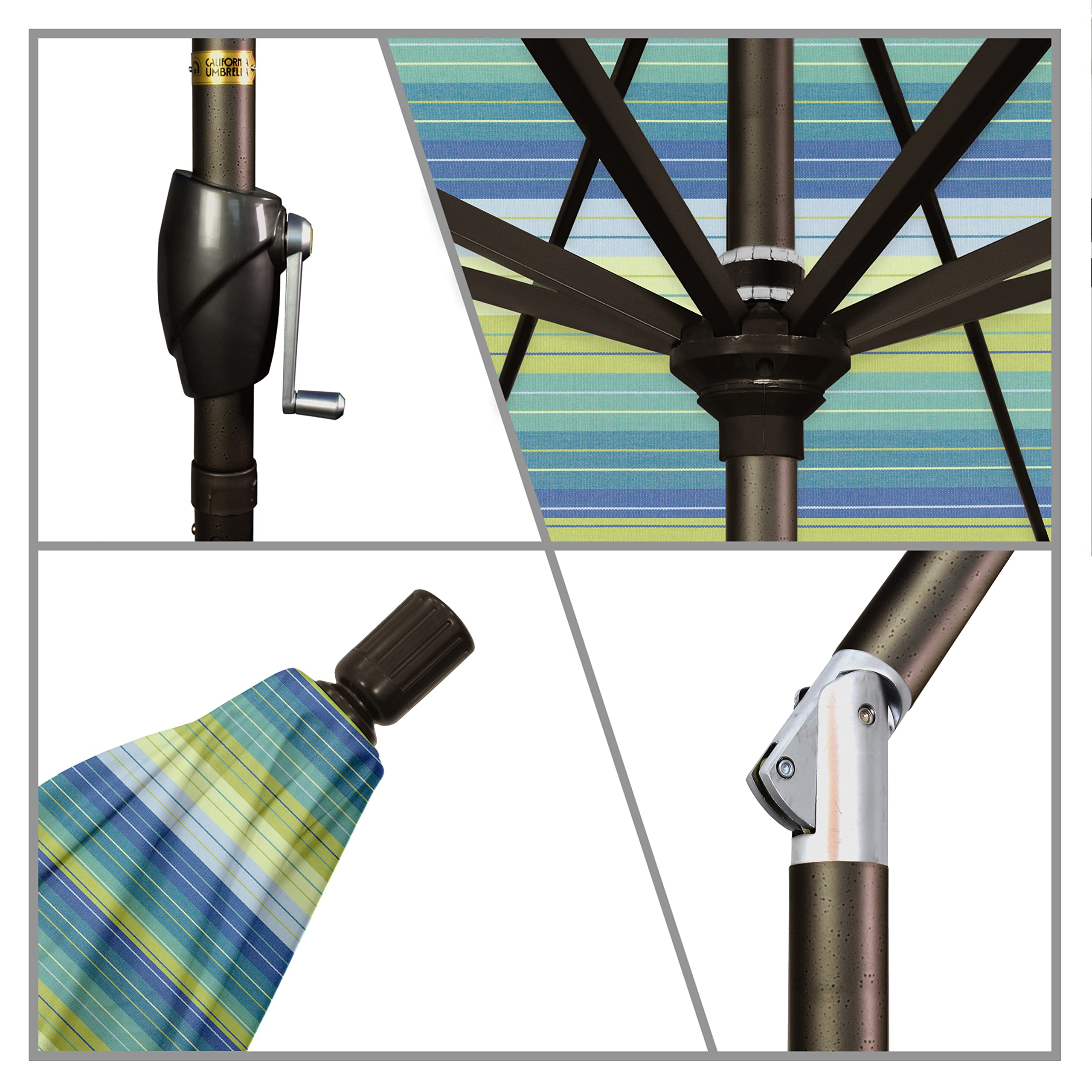 7.5' Round Aluminum Market Umbrella with Crank Lift & Push Button Tilt - Bronze Pole & Sunbrella Seville Seaside Fabric - Perfect for Patio, Poolside, and Outdoor Dining in California