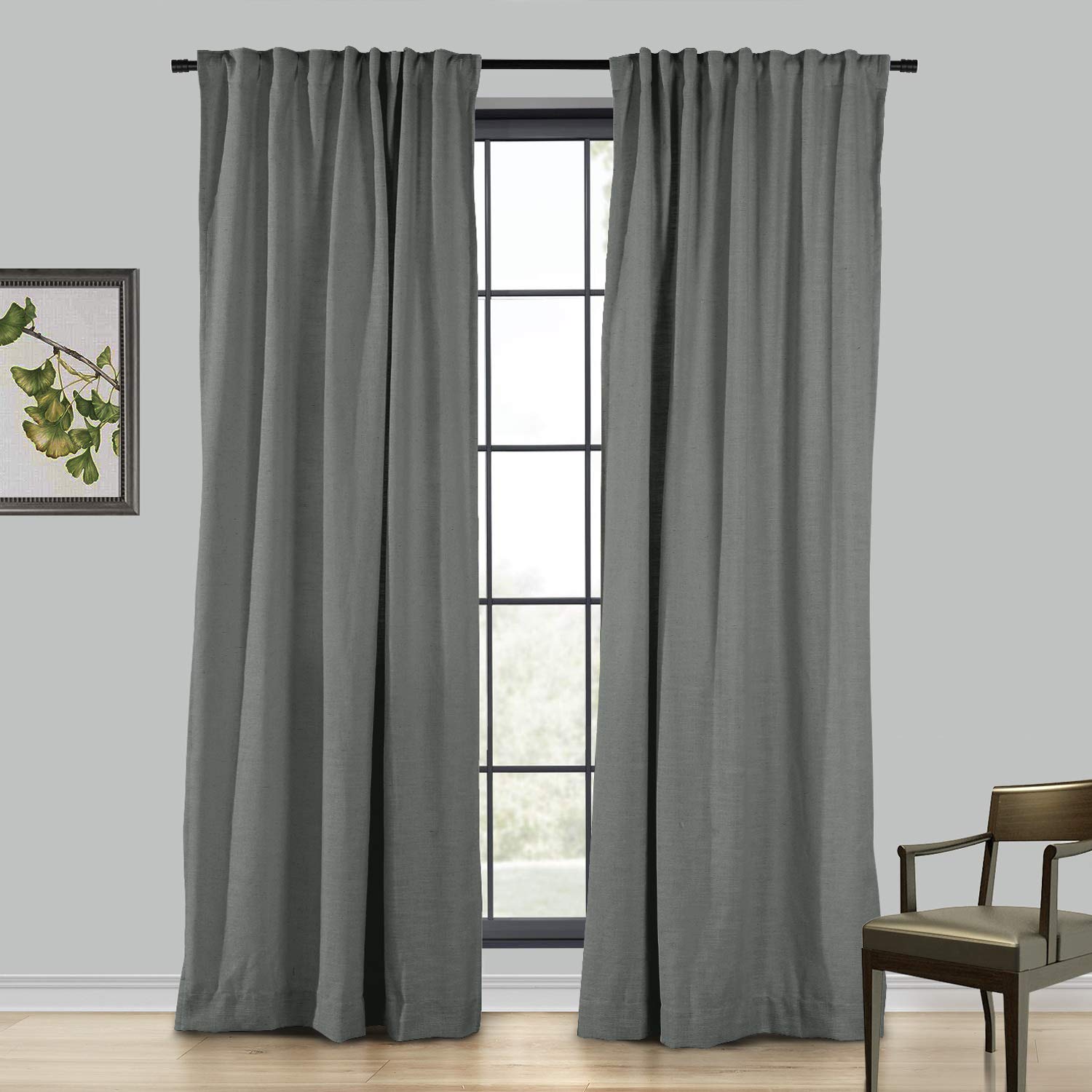 ChadMade 100% Blackout Linen Curtains 100W x 84L Inches - Room Darkening Window Drapes with 4-in-1 Header (Rod Pocket, Back Tab, Flat Hooks, Hook Belt) in Carbon Grey - Perfect for Bedroom, Living Room & Home Theater Light Blocking (1 Panel)