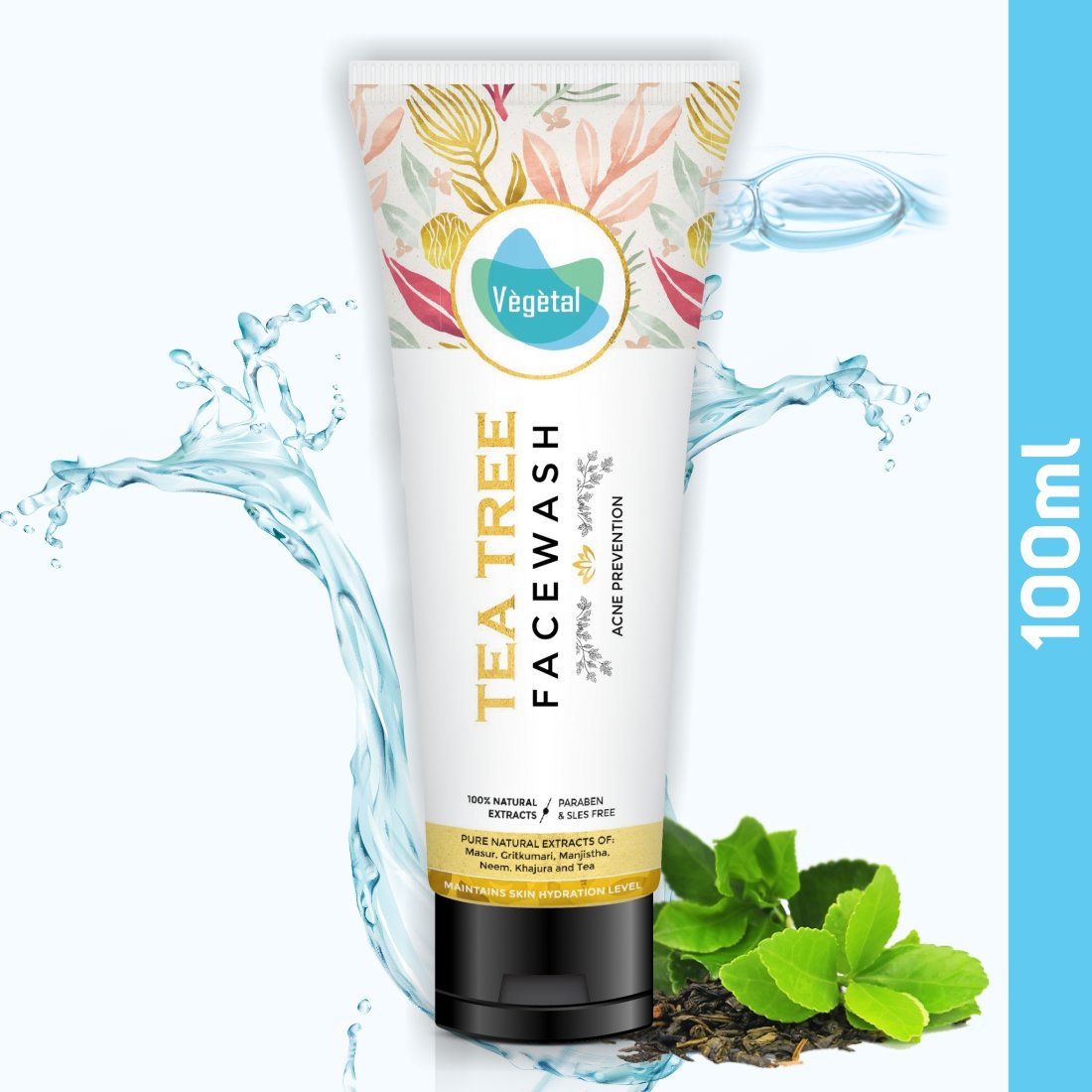 100% Natural Tea Tree Face Wash with Green Tea, Neem, Manjistha & Khajoor Extracts - Anti Acne & Oil Control - Paraben & SLES Free - Gentle Cleanser for Oily & Acne-Prone Skin - Perfect for Daily Skincare Routine & Deep Pore Cleansing
