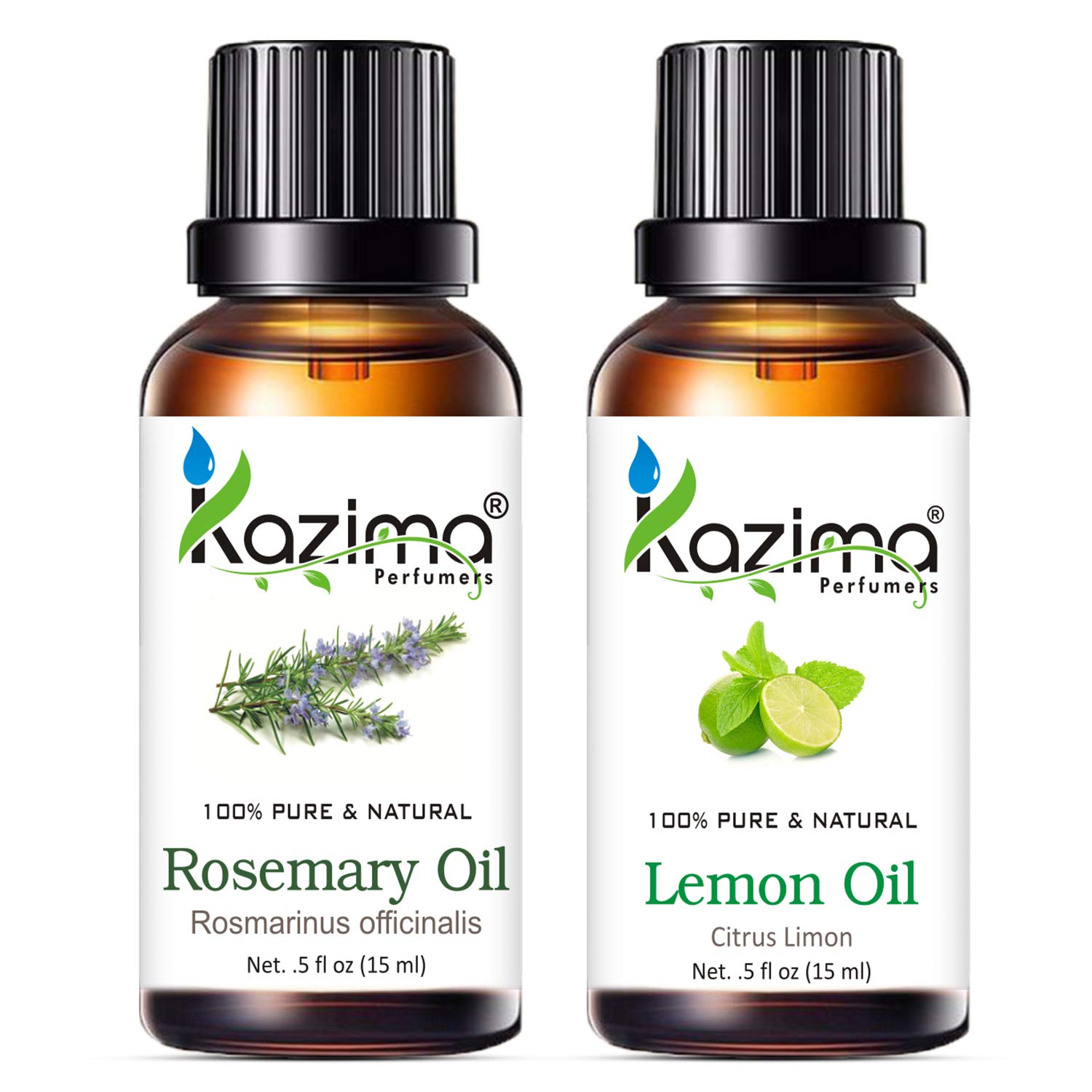KAZIMA Rosemary Oil & Lemon Oil Combo - 100% Pure Essential Oils for Hair Growth, Acne Treatment & Skin Brightening - 15ml Each - Perfect for Aromatherapy, DIY Beauty & Natural Skincare
