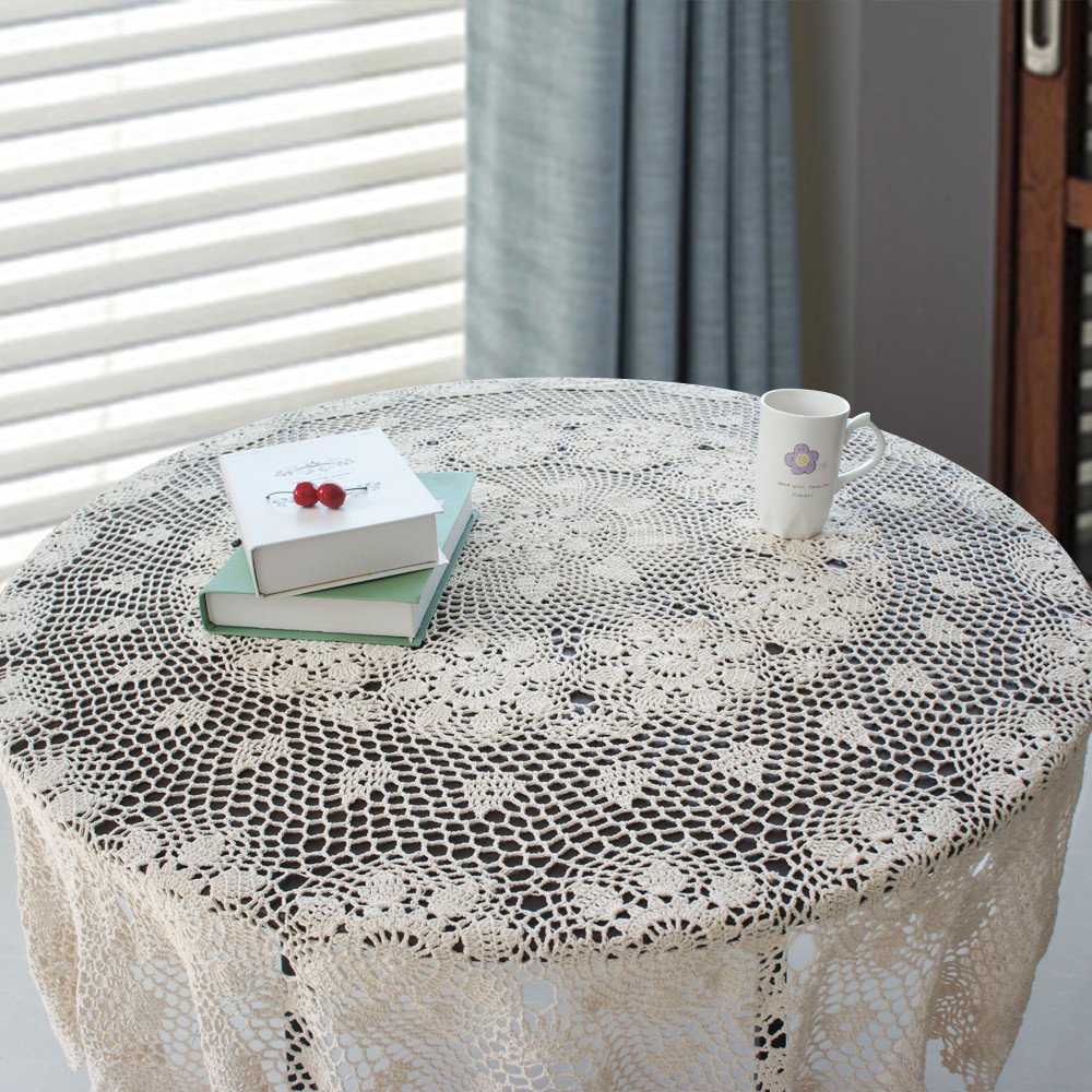 USTIDE Handmade Cotton Crochet Tablecloth Round White 48-inch Lace Table Cover - Elegant Crochet Overlay for Dining Table, Coffee Table, Sofa, Tea Table & Dresser | Perfect for Home Decor, Wedding & Special Occasions