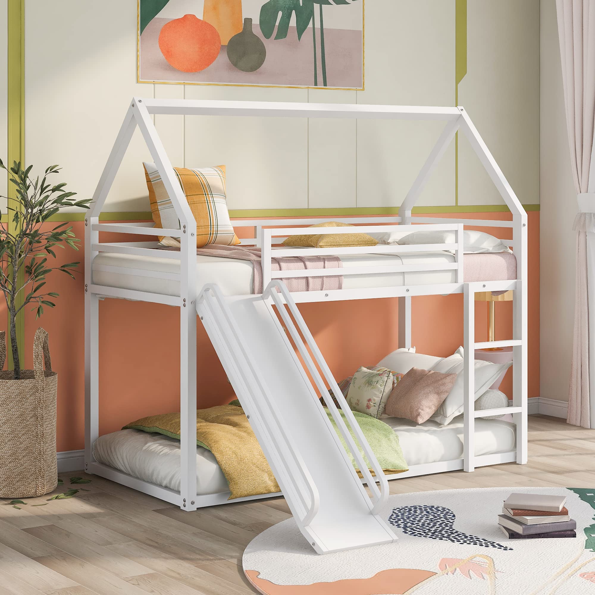 Kids Metal Bunk Beds with Slide - Twin Over Twin Low Loft House Bed for Boys & Girls - White Space-Saving Bedroom Furniture for Small Rooms & Sleepovers