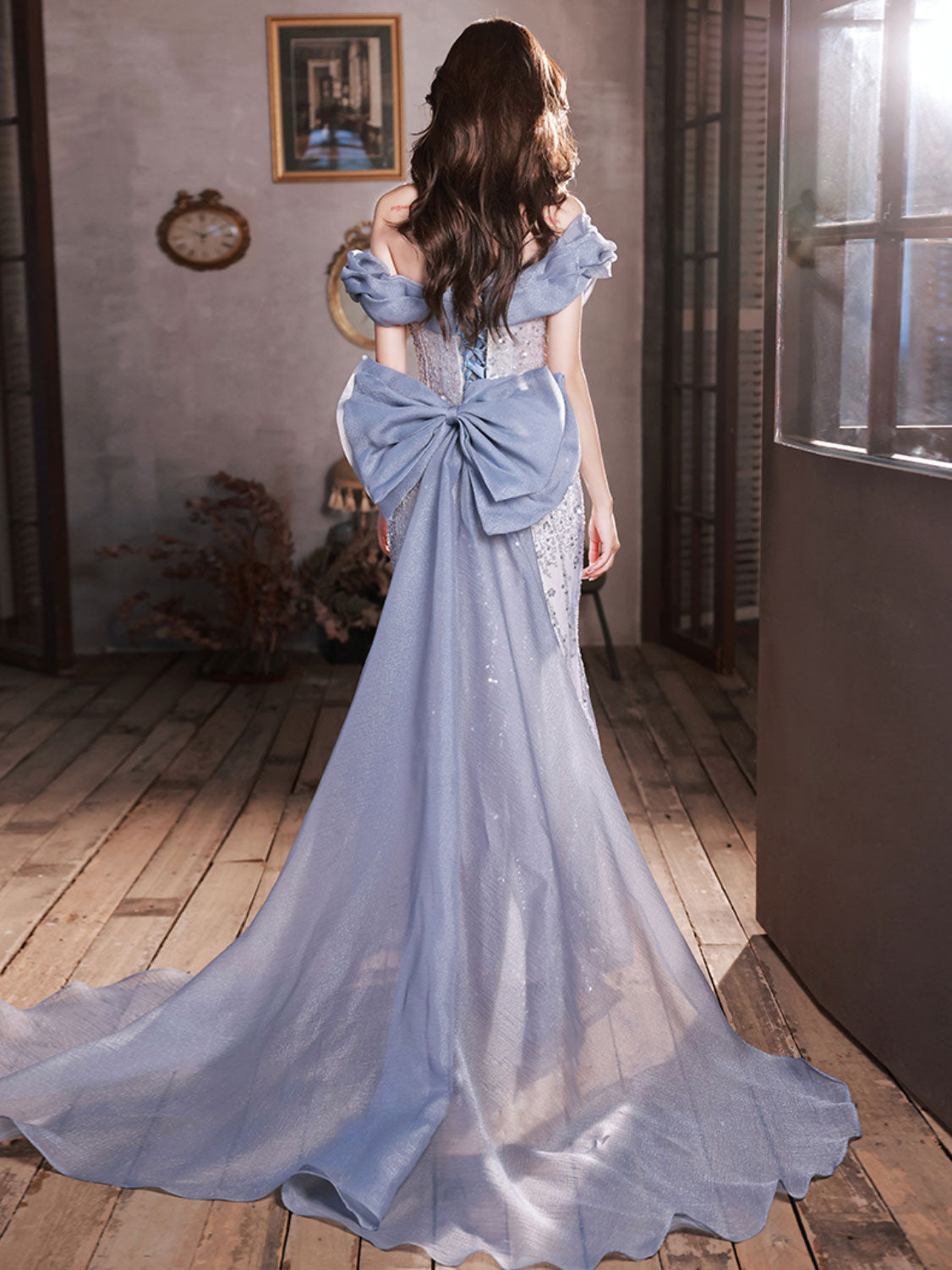 Elegant Blue Off Shoulder Tulle Sequin Mermaid Long Prom Dress for Women - Perfect for Formal Dances, Evening Gala & Special Occasions