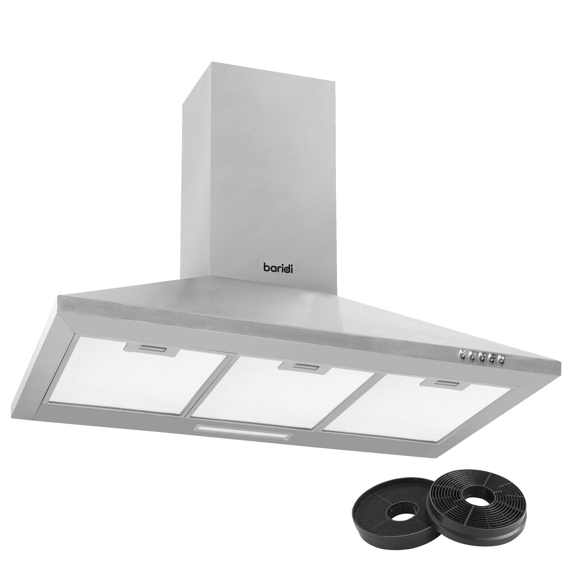 Baridi 90cm Stainless Steel Chimney Style Cooker Hood with Carbon Filters - Model DH127 | Powerful Kitchen Ventilation for Smoke & Odor Removal | Perfect for Modern Home Kitchens