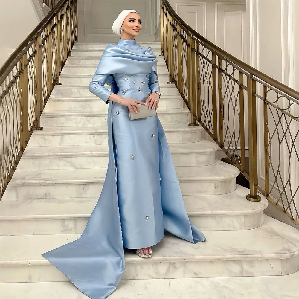 Elegant Blue Satin Beaded Mermaid Evening Gown with Detachable Overskirt LA72414M - Perfect for Prom, Gala & Formal Events