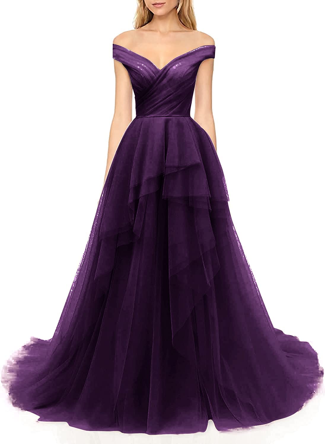 Elegant Off Shoulder Prom Dress for Women - Long Tulle Tiered Pleated Ball Gown Formal Evening Gown | Perfect for Homecoming, Quinceañera, Wedding & Special Occasions