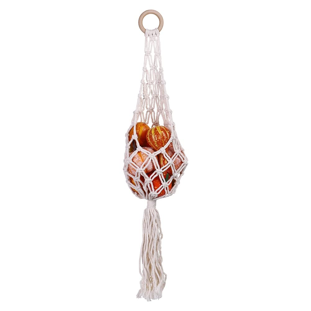 Macrame Hanging Basket for Fruits & Vegetables - Cotton Boho Wall Hanging Produce Holder, Banana Hammock, Kitchen Counter Space Saver - Perfect for Organizing Fresh Produce in Small Kitchens, Balconies or Boho Home Decor (White)