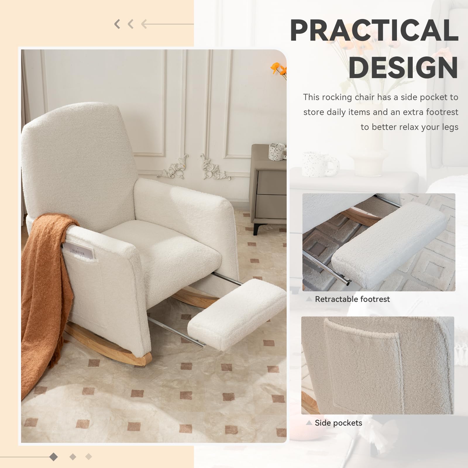 FOXHUNTER Adjustable Rocking Chair with Footrest - High Back Glider Nursery Chair with Side Pockets - Soft Upholstered Living Room Rocker in Teddy Ivory - Perfect for Nursing, Reading & Relaxing