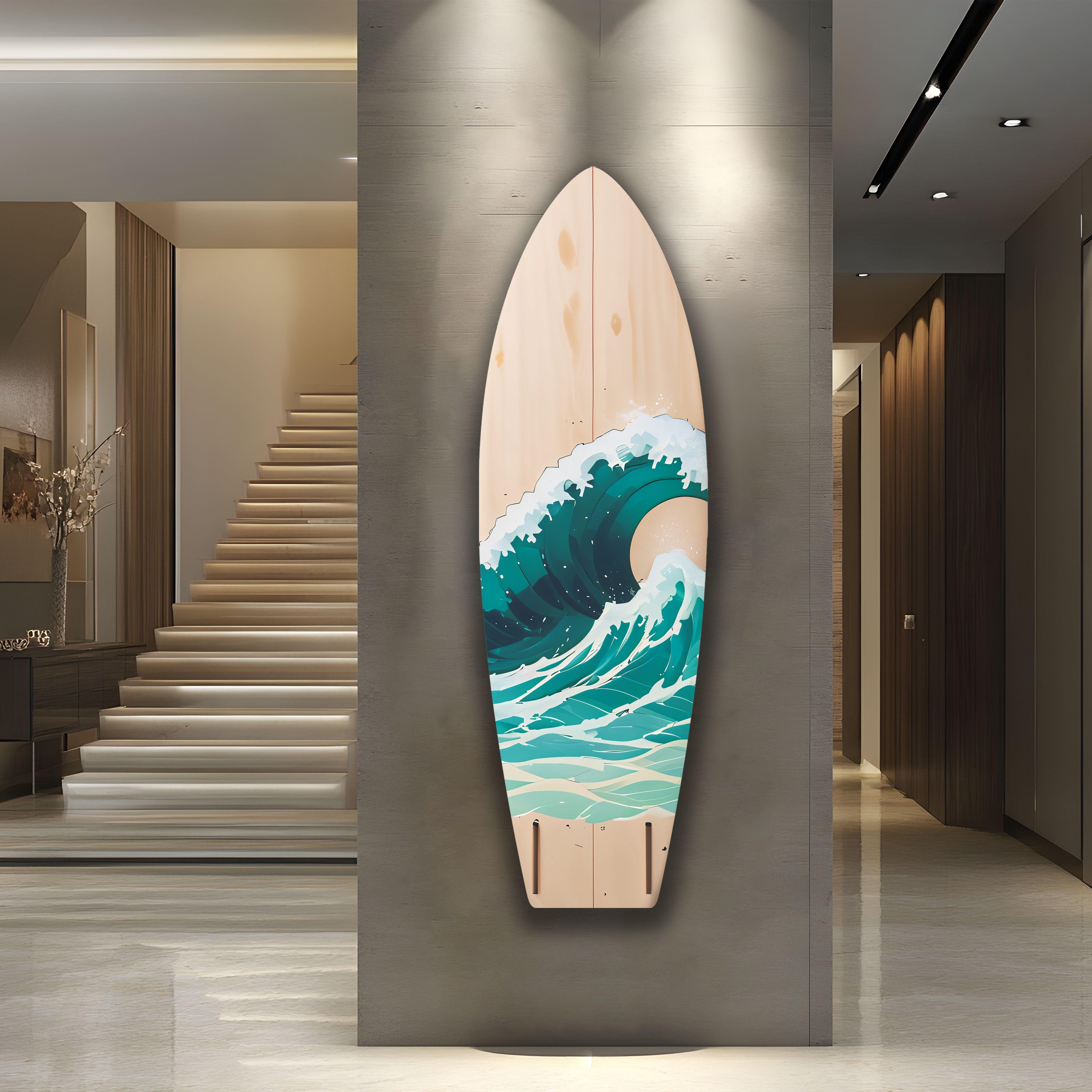 Beige & Ocean Waves Surfboard Wall Art - Coastal Beach Decor for Living Room, Bedroom & Office - Perfect Surfing Theme Home Decoration