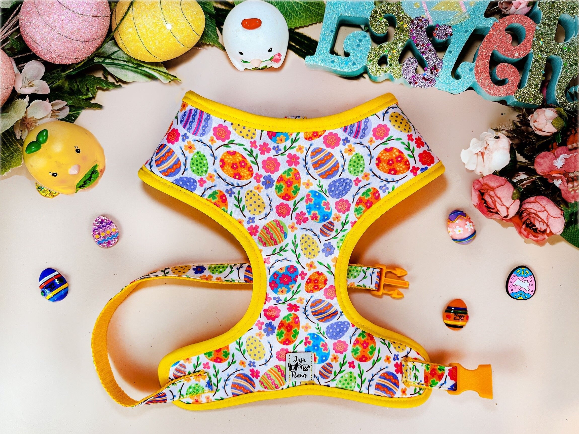 Easter Dog Harness with Eggs & Flowers Design - Adjustable Pet Vest for Small Medium Large Dogs - Perfect for Easter Parades, Spring Walks & Holiday Photos