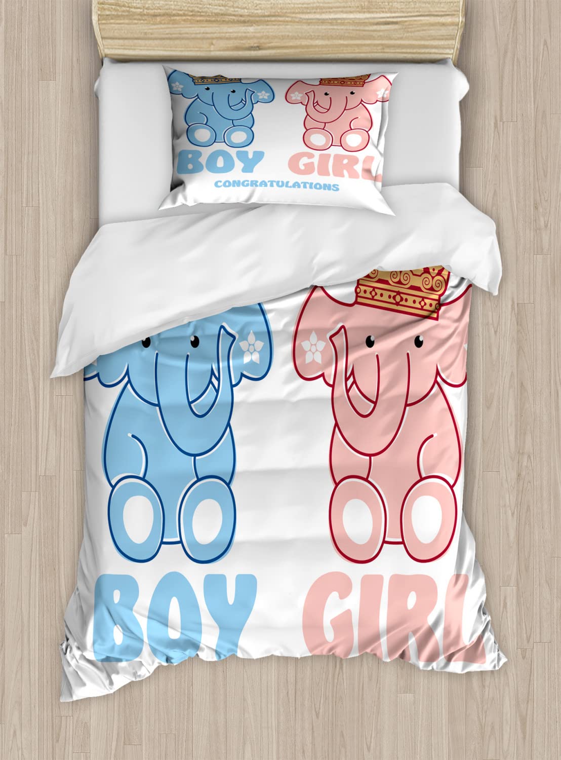 Ambesonne Gender Reveal Duvet Cover Set - Twin Size 2-Pack with 2 Duvet Covers & 2 Pillowcases - Boy and Girl Elephant Design with Royal Crowns - Blush Blue Nursery Bedding for Baby Shower & Gender Reveal Party Decor