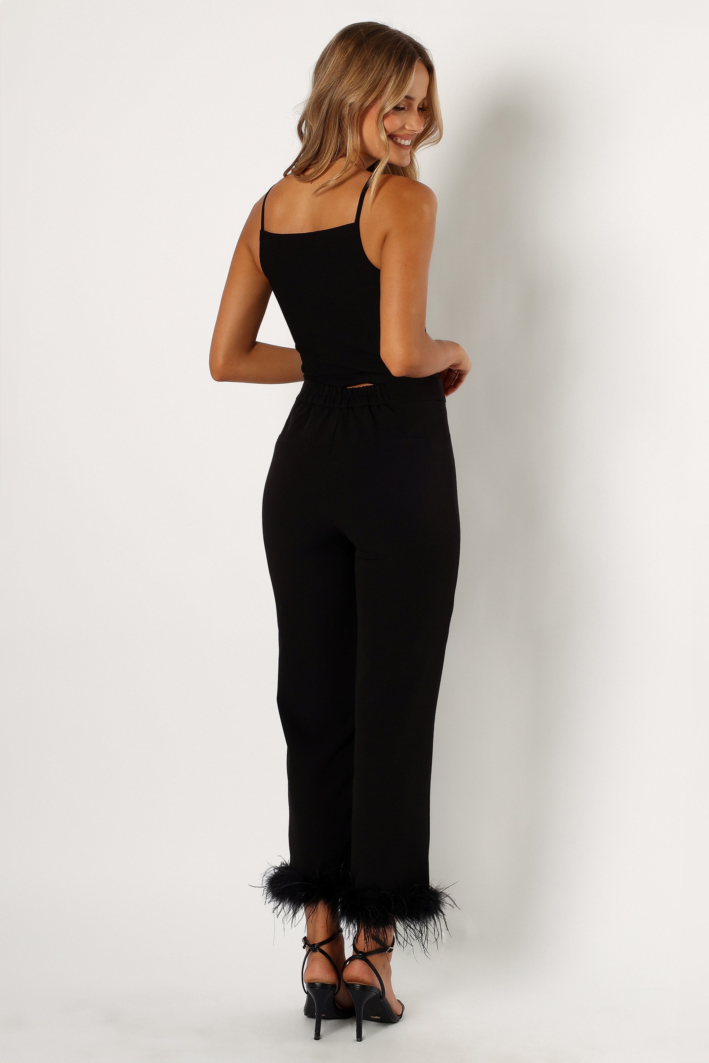 Jada Feather Cuff Pants for Women - Trendy Black Wide Leg Palazzo Pants with Feather Trim | Perfect for Parties, Date Nights & Special Occasions