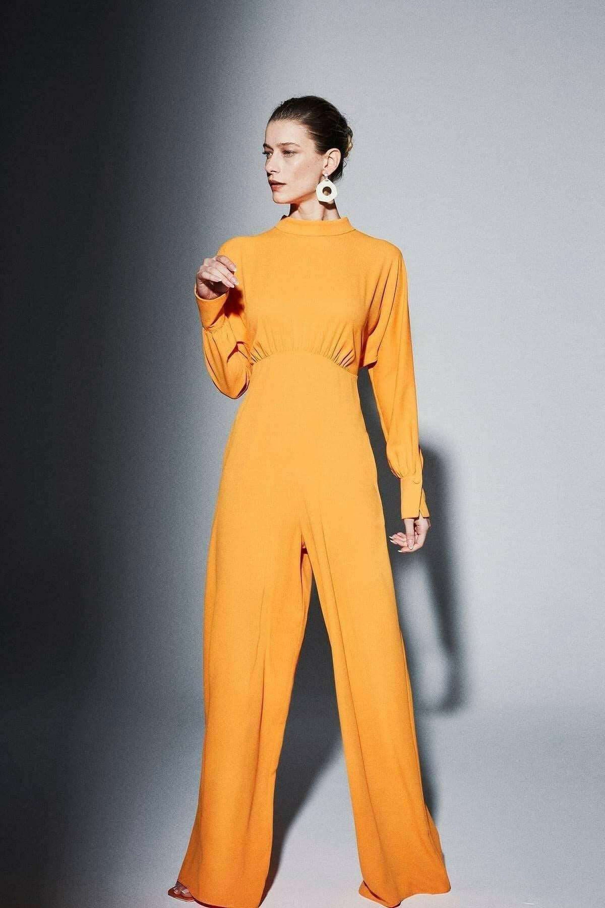 Elegant Draped Gathered High Waist Jumpsuit in Orange - Modest Women's Romper for Casual Wear, Parties & Special Occasions