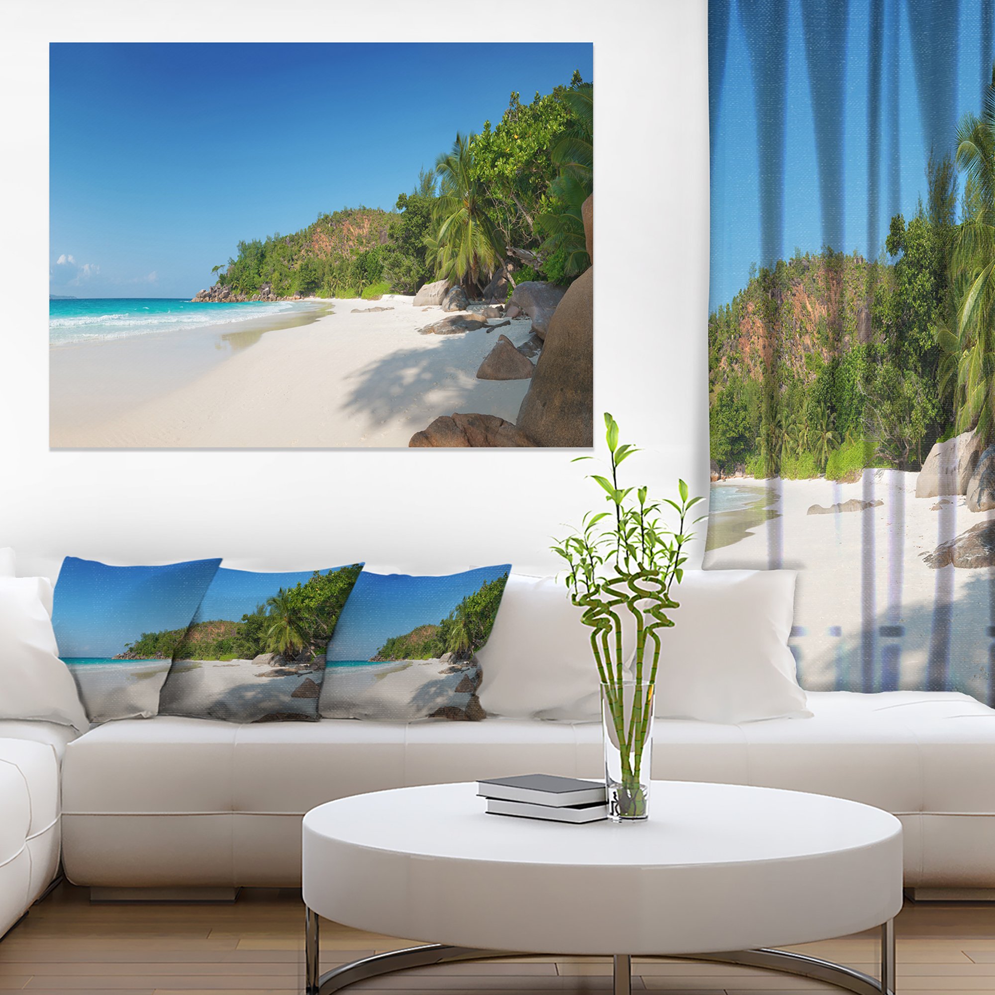 Anse Georgette Beach Light Blue Large Seascape Art Canvas Print - Coastal Wall Decor for Living Room, Bedroom & Office - Ocean Themed Home Decoration