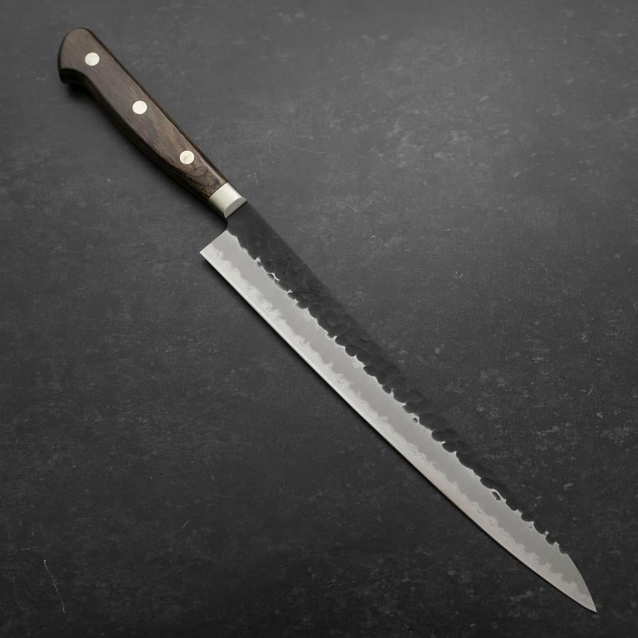 Premium 240mm Sujihiki Japanese Knife - Stainless Clad Blue Super Steel, Kurouchi Tsuchime Finish with Western Brown Handle - Perfect for Slicing Sashimi, Meat & Sushi Preparation