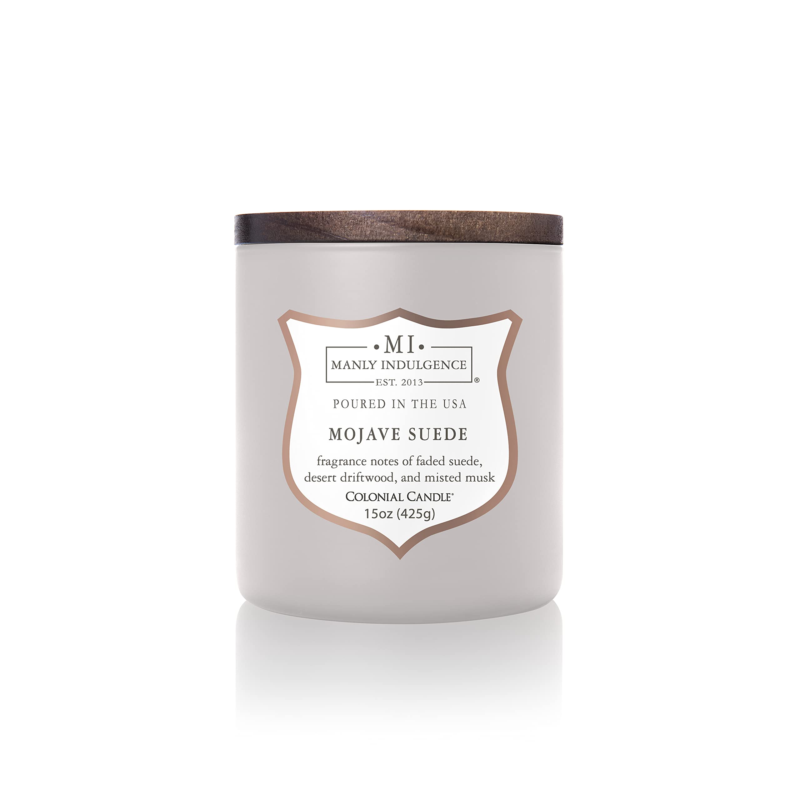 Manly Indulgence Mojave Suede Scented Jar Candle - Signature Collection with Wood Wick, 15oz (60 Hours Burn Time) - Grey Aromatherapy Candle for Home, Office & Relaxation