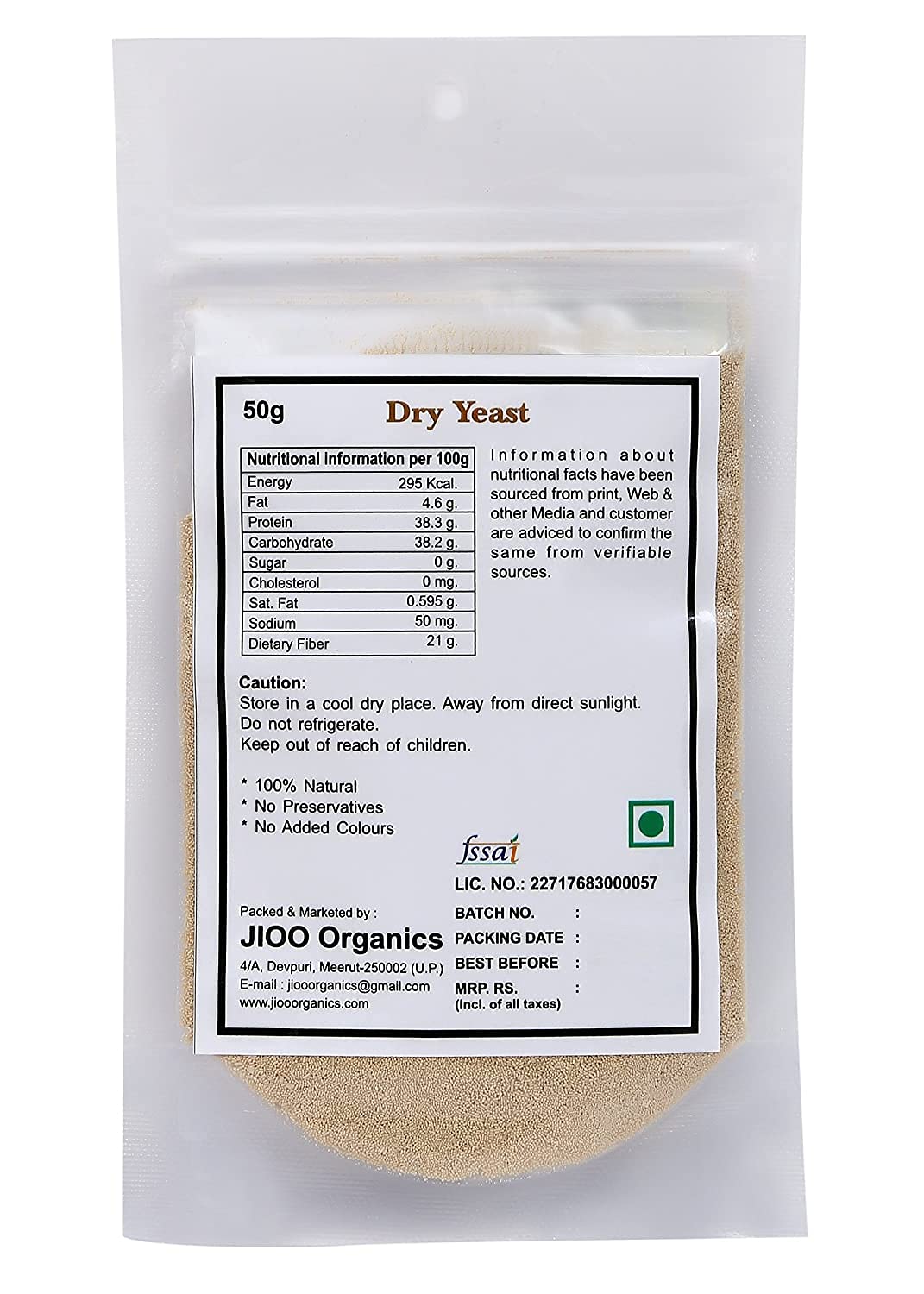 Jioo Organics Instant Active Dry Yeast - 50g Pack for Baking Bread, Pizza & Pastries | Fast Rising Yeast Powder for Homemade Dough, Artisan Bread & Pizza Making