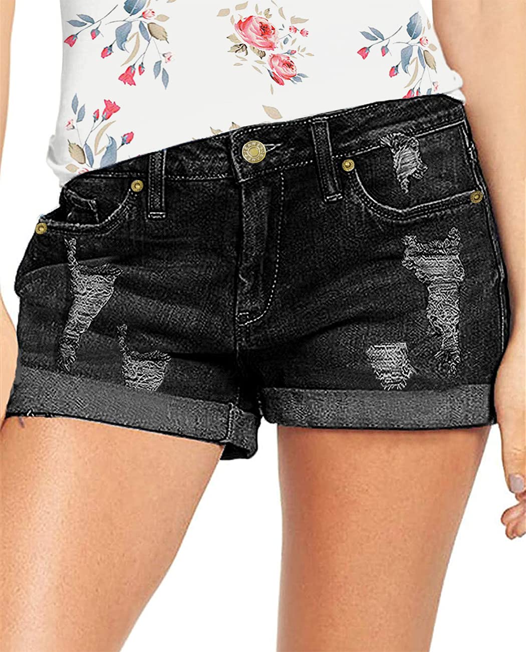 SUIHWR Women's Distressed Denim Shorts - Mid-Rise Ripped Frayed Jean Shorts with Elastic Waist & Pockets | Casual Summer Outfit, Beach Vacation, Streetwear Fashion