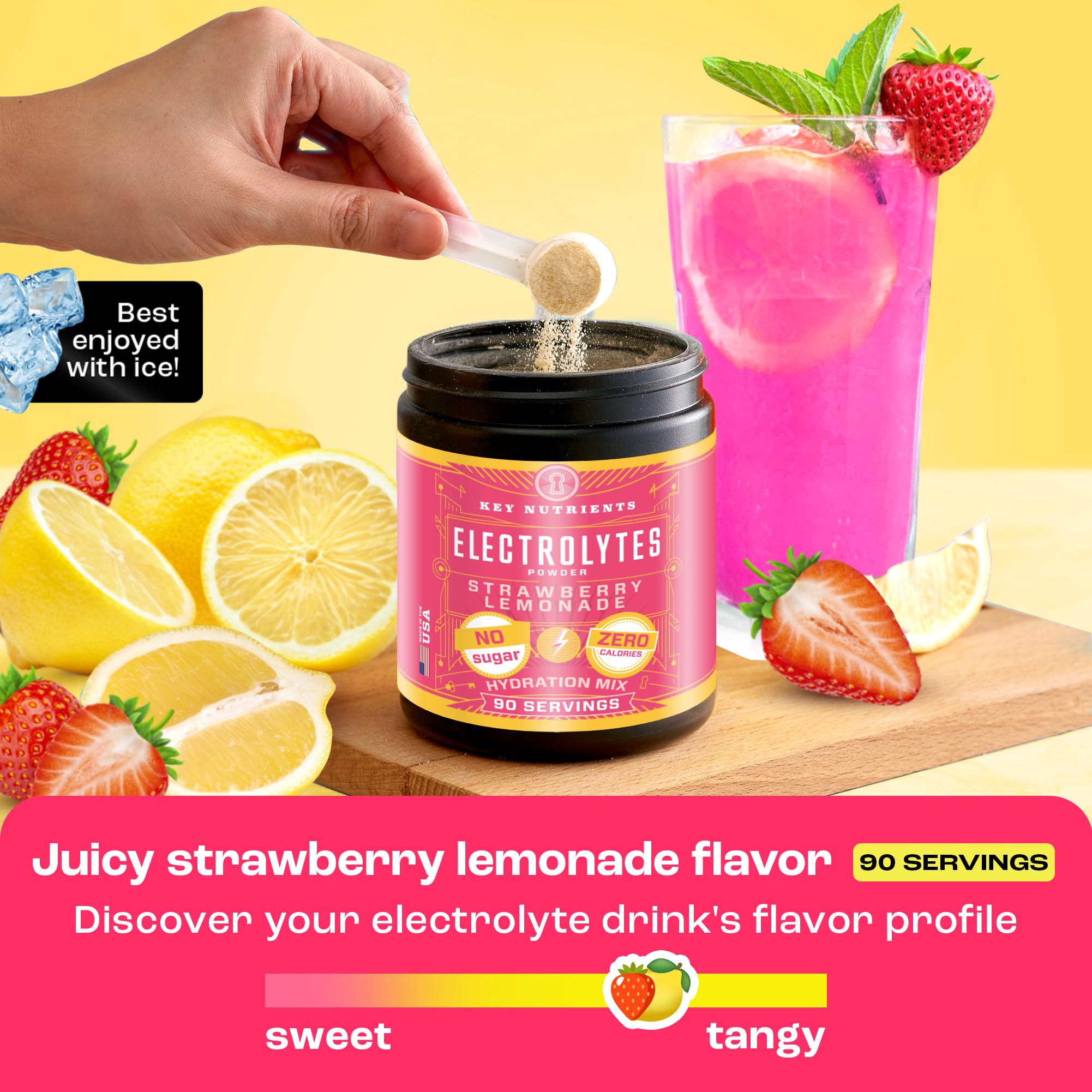 KEY NUTRIENTS Sugar-Free Electrolyte Powder - Juicy Strawberry Lemonade Flavor | Keto, Gluten Free, Zero Calorie Hydration Supplement | 90 Servings | Made in USA | Perfect for Workouts, Travel & Daily Hydration