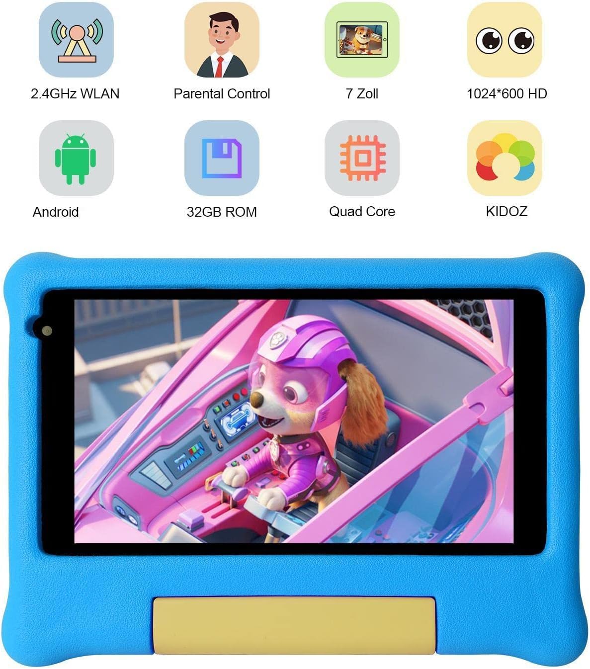 HotLight 7 Inch Kids Tablet with Parental Control - Android 13, Quad-Core Processor, Dual Camera, WiFi & Bluetooth - Shockproof Protective Case (Blue) - Perfect for Learning, Games & Travel Entertainment