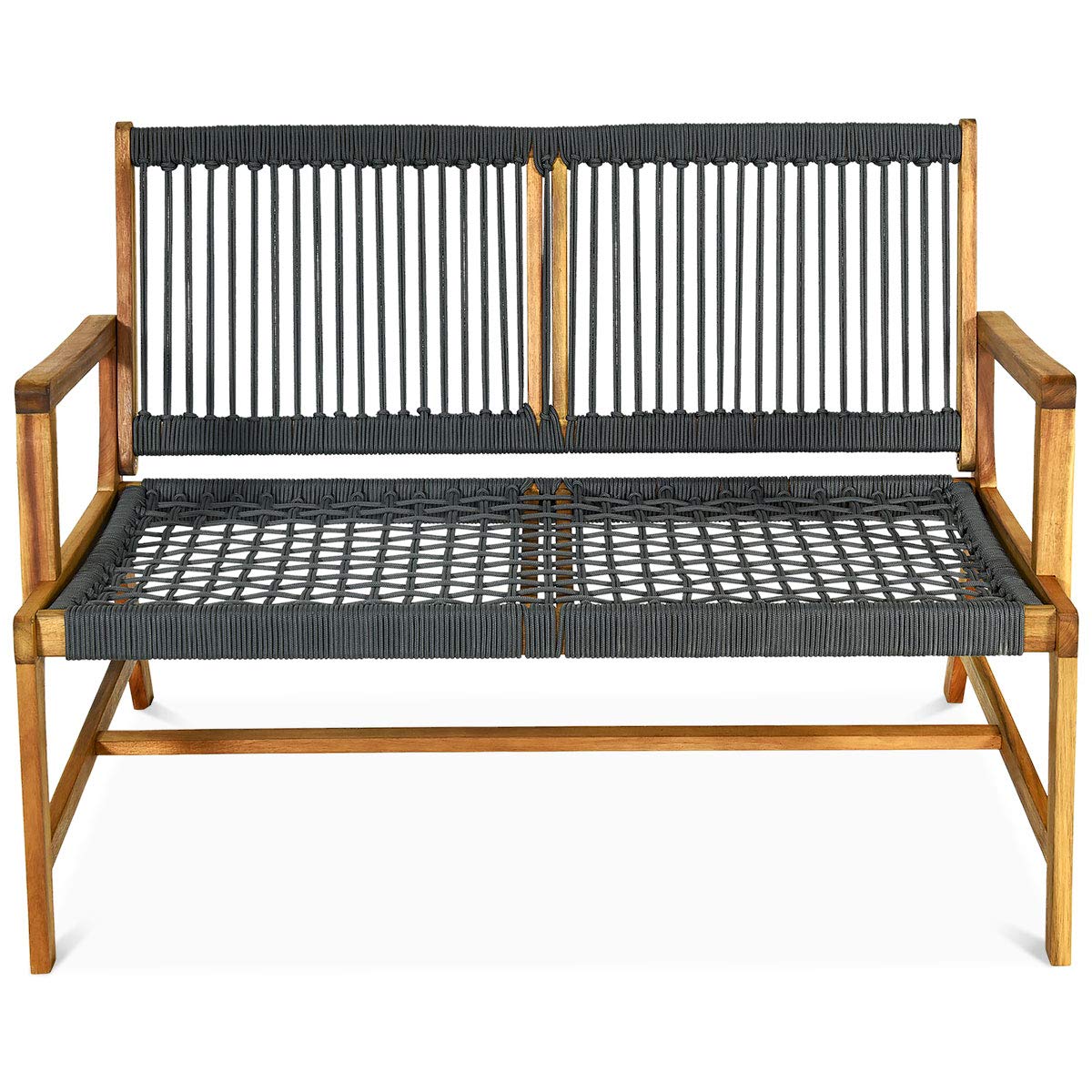 2-Person Acacia Wood Outdoor Patio Bench with Backrest & Armrest - Gray Weather-Resistant Loveseat for Garden, Porch, Poolside, Balcony - Perfect for Relaxing and Entertaining Outdoors