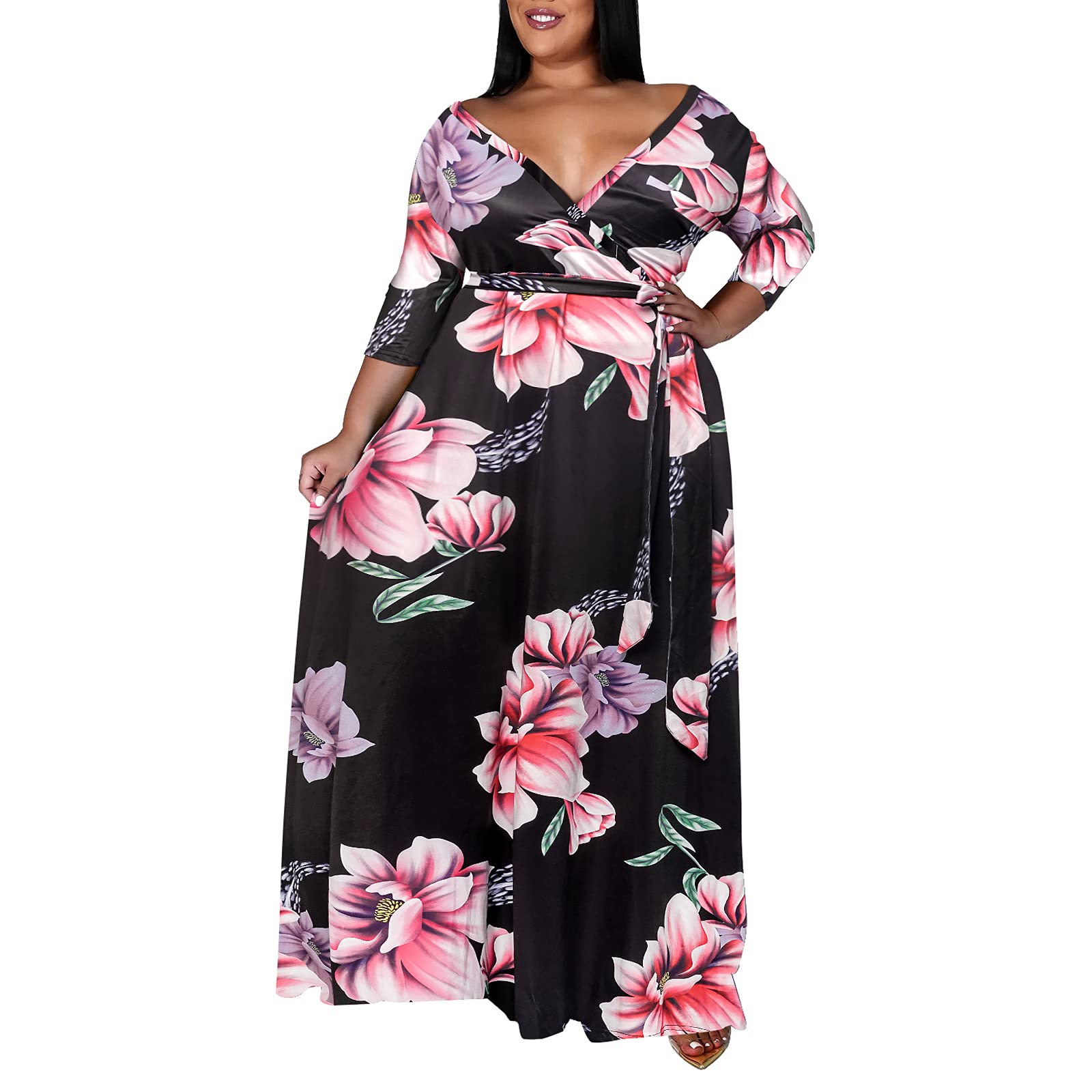 Runwind Plus Size Floral Maxi Dress for Women - 3/4 Sleeve Flowy Summer Dress with Adjustable Belt | Perfect for Beach Vacations, Weddings & Casual Outings