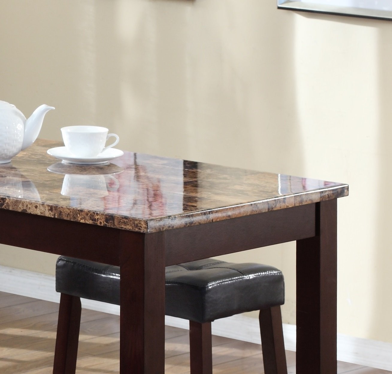 Roundhill Furniture 3-Piece Counter Height Dining Set - Glossy Marble Print Breakfast Table with 2 Stools for Kitchen, Breakfast Nook & Small Space Dining