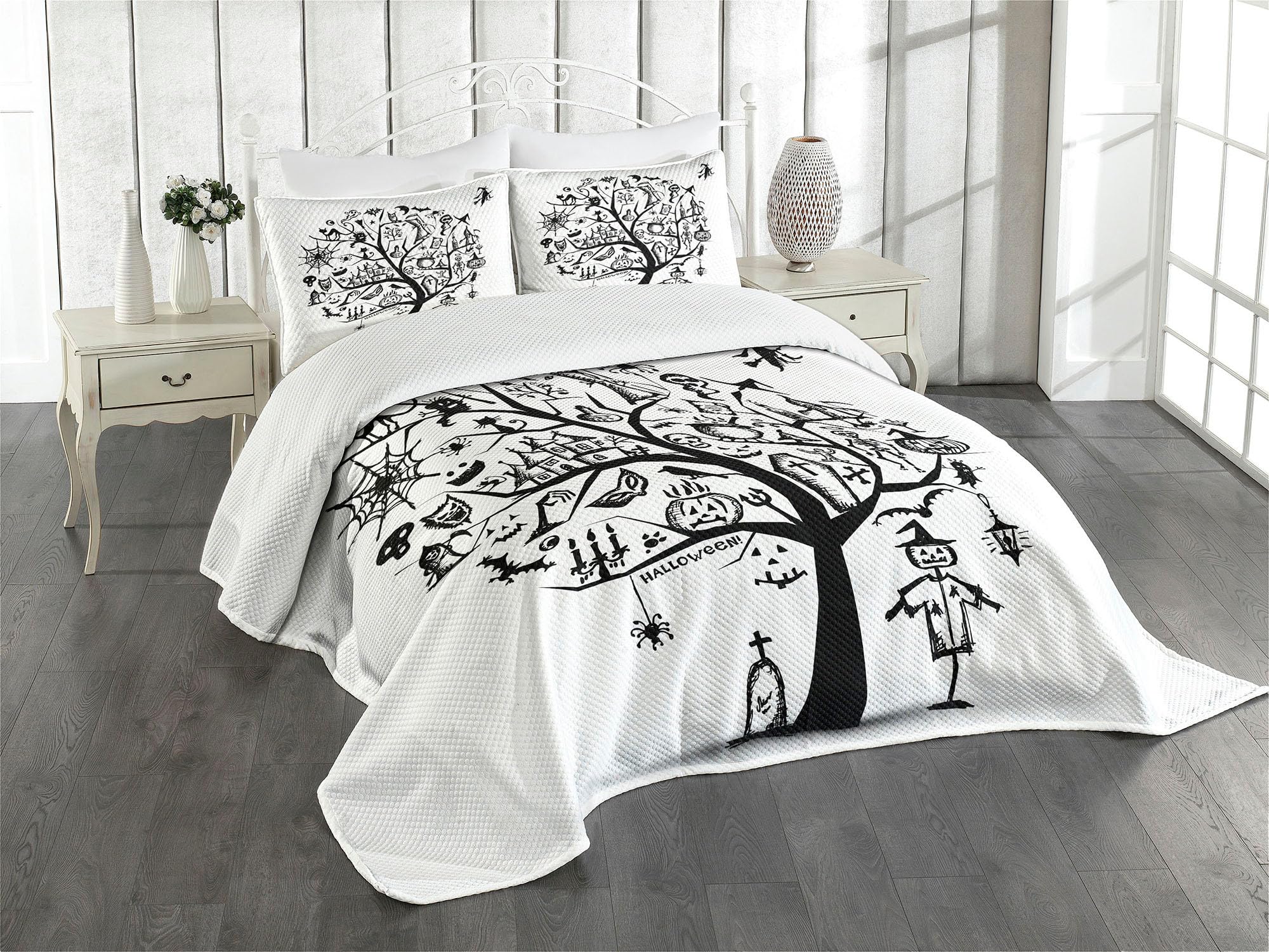 Ambesonne Halloween Bedspread Set - Spooky Tree & Witch Broom Abstract Design, 3-Piece Queen Size Bedding with 2 Pillow Shams, Black & White | Perfect for Halloween Decor, Themed Parties & Gothic Bedroom Style