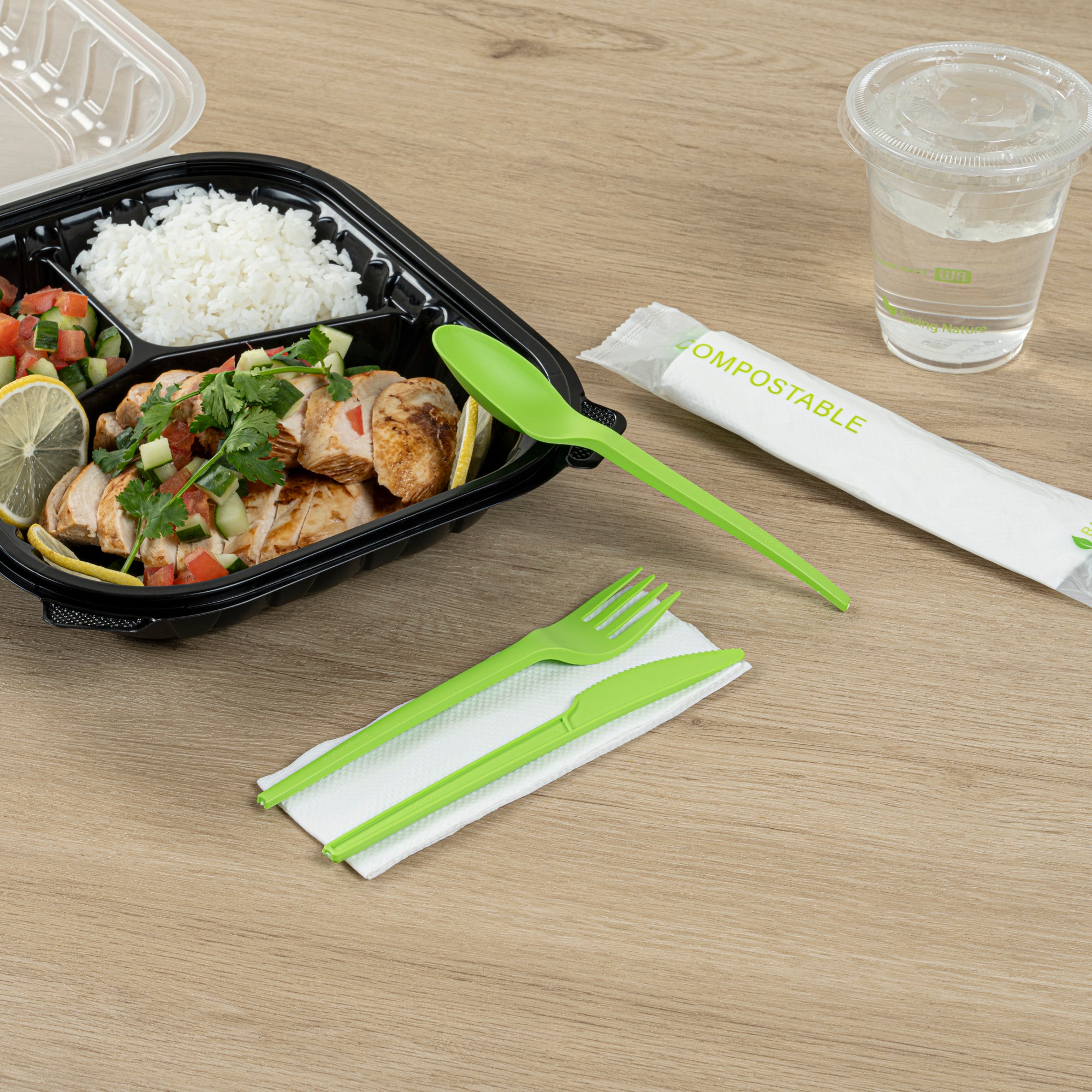 Eco-Friendly Compostable CPLA Plastic Cutlery Set - 100-Piece Box with Heat-Resistant Forks, Knives, Spoons & White Napkins | Perfect for Picnics, Parties, Catering & Sustainable Dining
